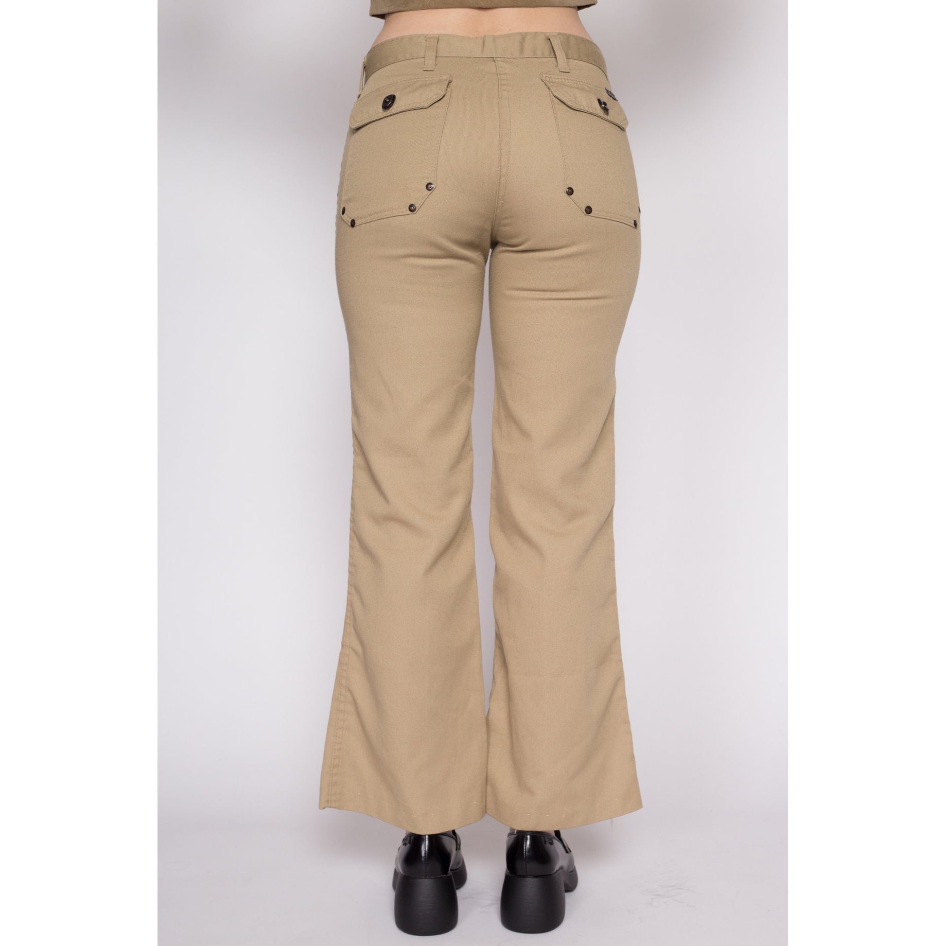 Small 70s Khaki Hip Hugger Rivet Flares | Vintage Mr. Leggs Mid Rise Retro Flared Leg Disco Trousers