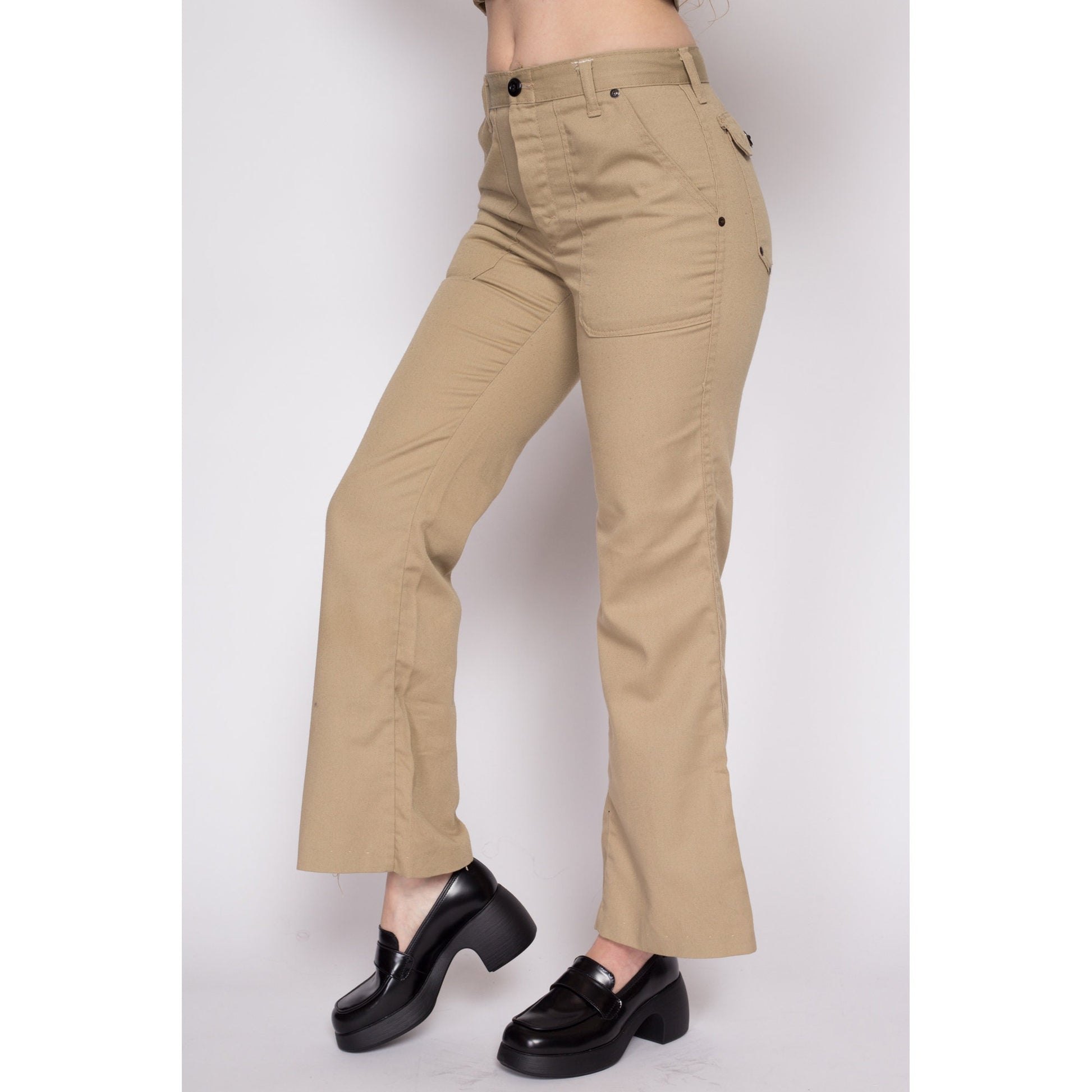Small 70s Khaki Hip Hugger Rivet Flares | Vintage Mr. Leggs Mid Rise Retro Flared Leg Disco Trousers