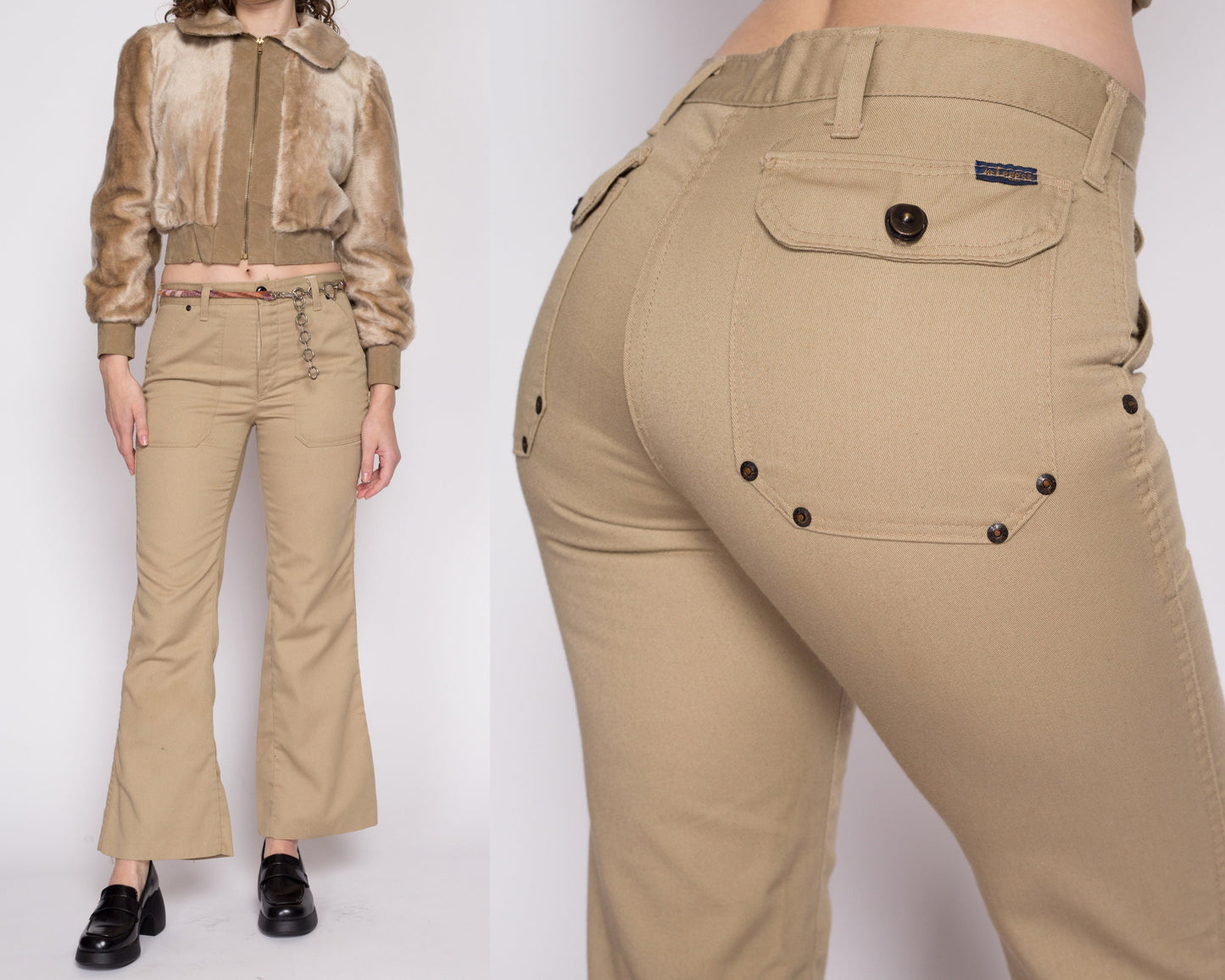 Small 70s Khaki Hip Hugger Rivet Flares | Vintage Mr. Leggs Mid Rise Retro Flared Leg Disco Trousers
