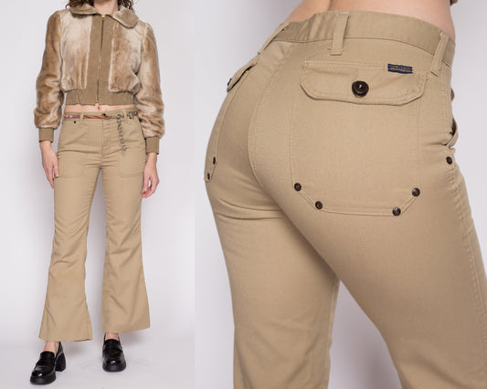 Small 70s Khaki Hip Hugger Rivet Flares | Vintage Mr. Leggs Mid Rise Retro Flared Leg Disco Trousers