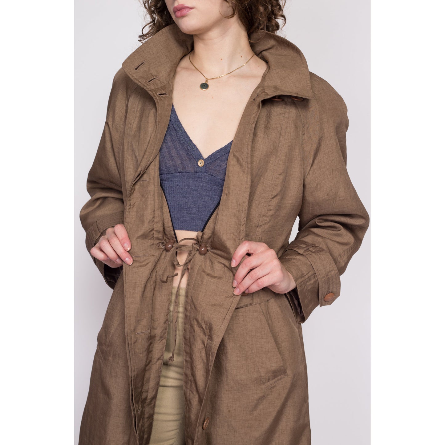 Medium 80s Brown New Wave Trench Coat | Vintage Komitor Minimalist Long Sleeve Midi Jacket