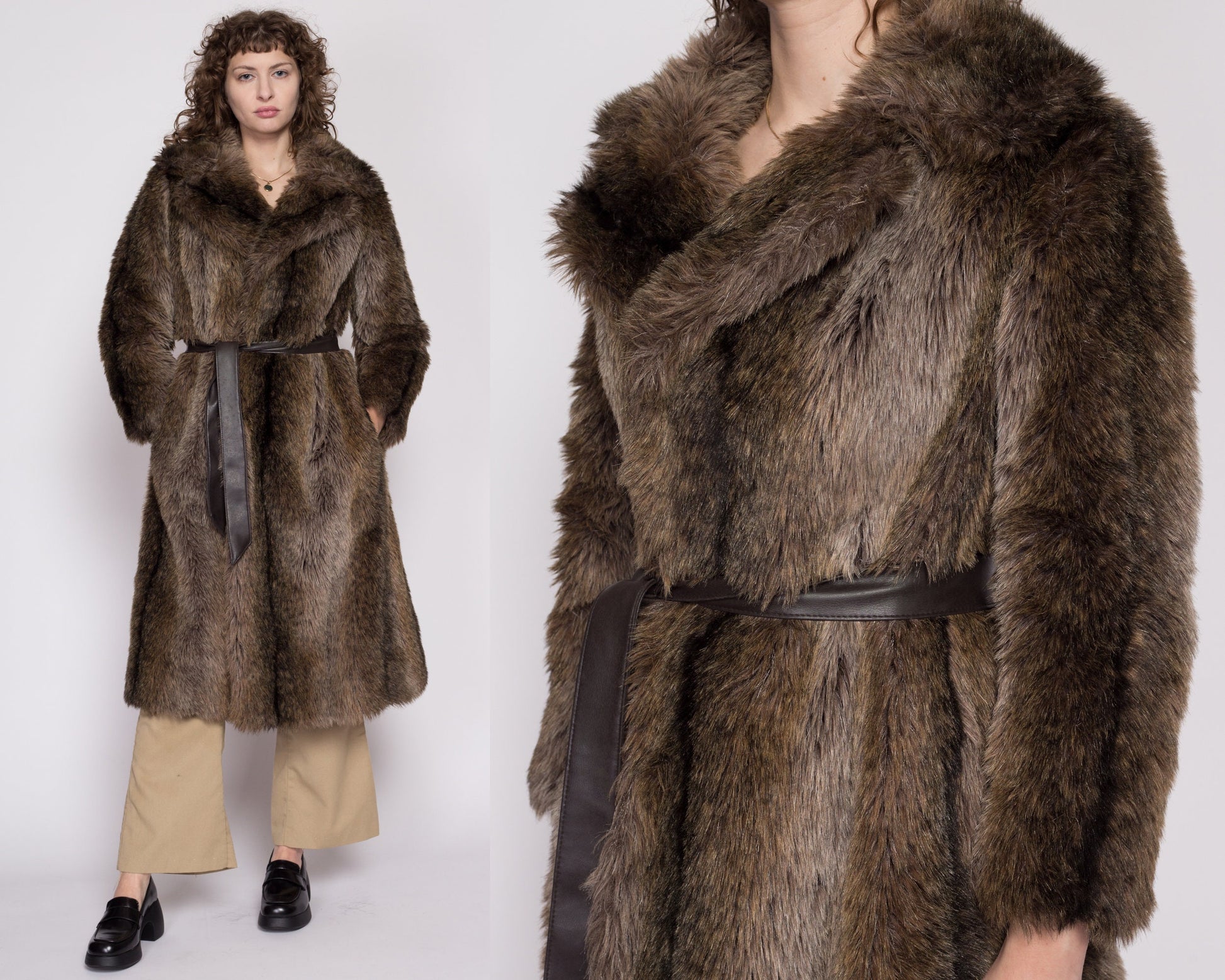 XS 70s Brown Faux Fur Belted Coat | Vintage Glam Long Winter Teddy Jacket