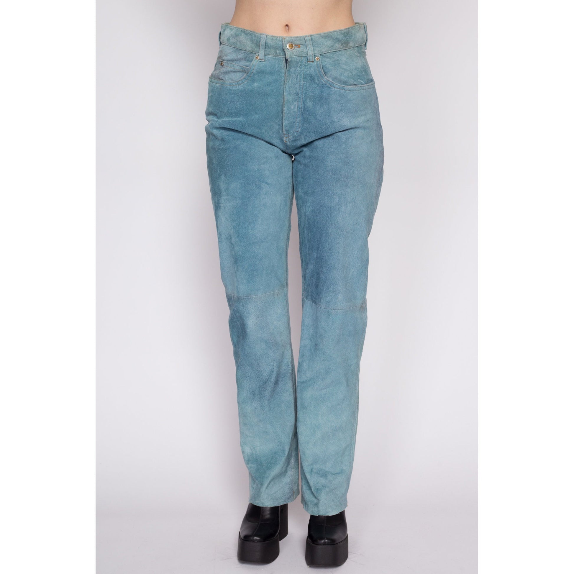 Medium 90s Blue Suede Trousers 31" | Vintage Soft Faded Leather Mid Rise Pants