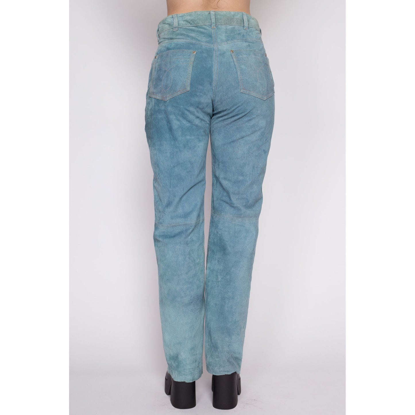 Medium 90s Blue Suede Trousers 31" | Vintage Soft Faded Leather Mid Rise Pants