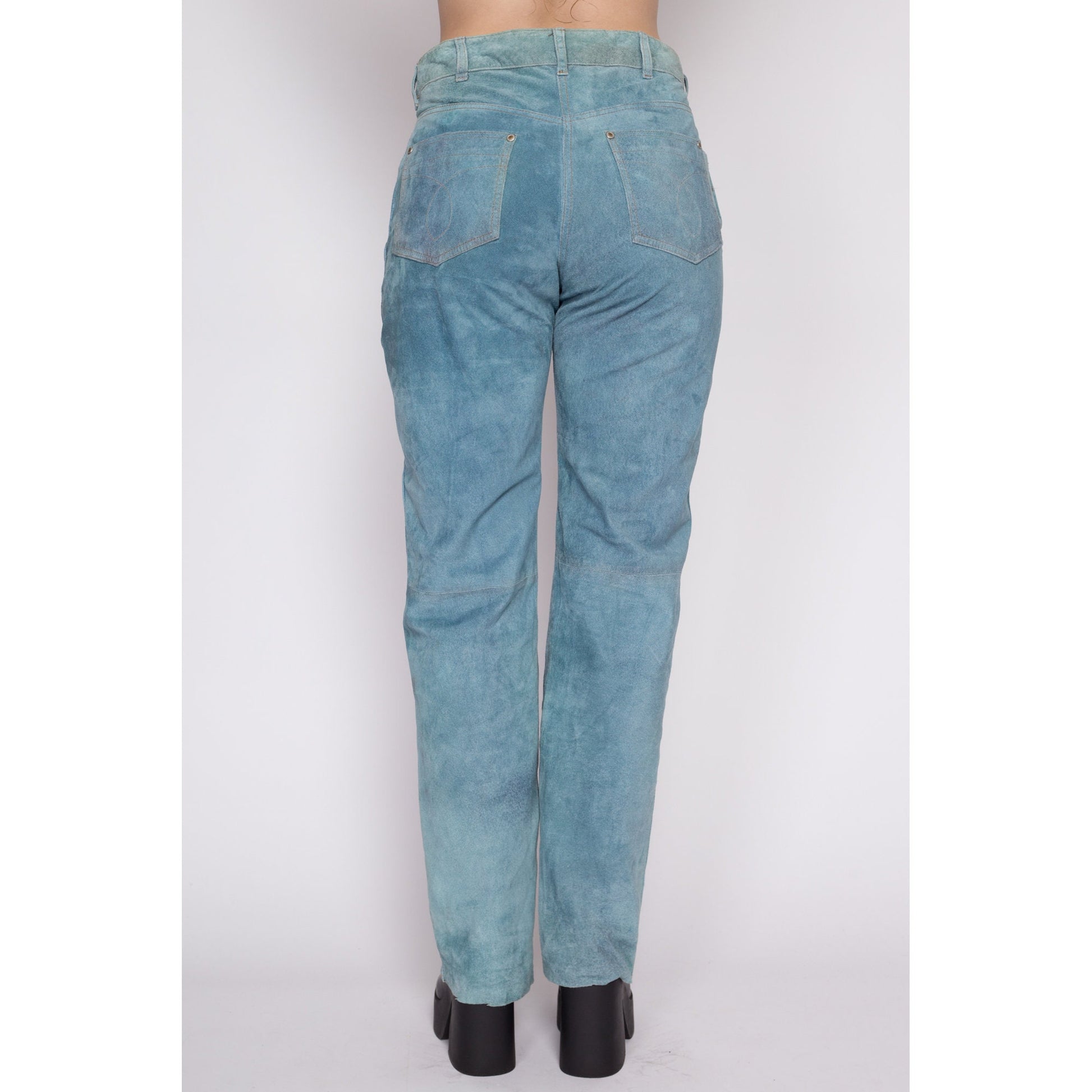 Medium 90s Blue Suede Trousers 31" | Vintage Soft Faded Leather Mid Rise Pants