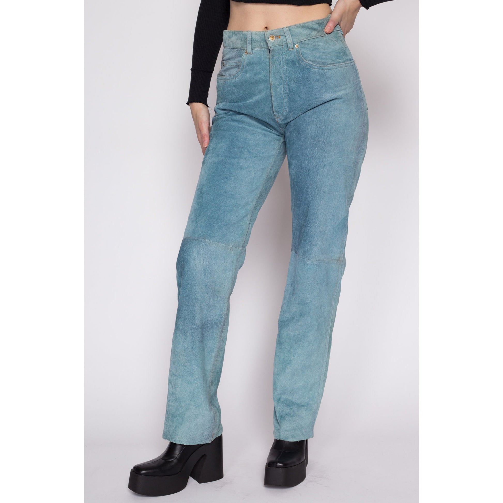 Medium 90s Blue Suede Trousers 31" | Vintage Soft Faded Leather Mid Rise Pants