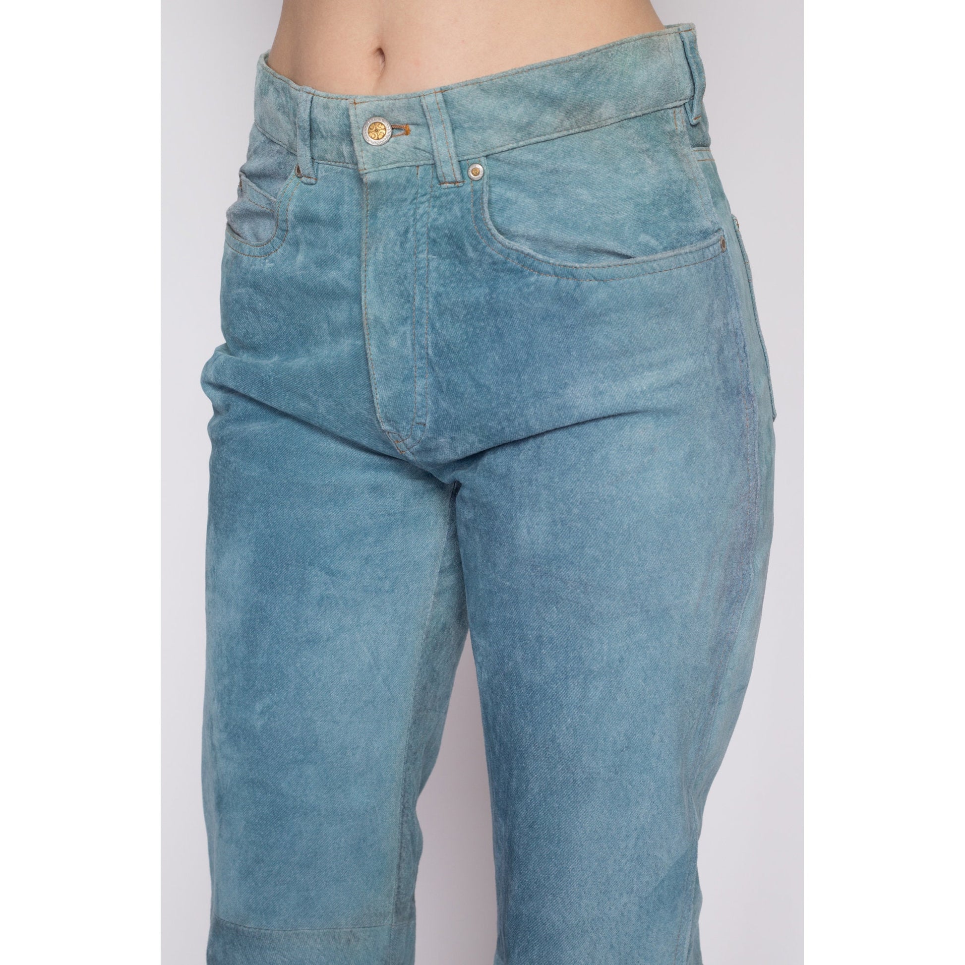 Medium 90s Blue Suede Trousers 31" | Vintage Soft Faded Leather Mid Rise Pants