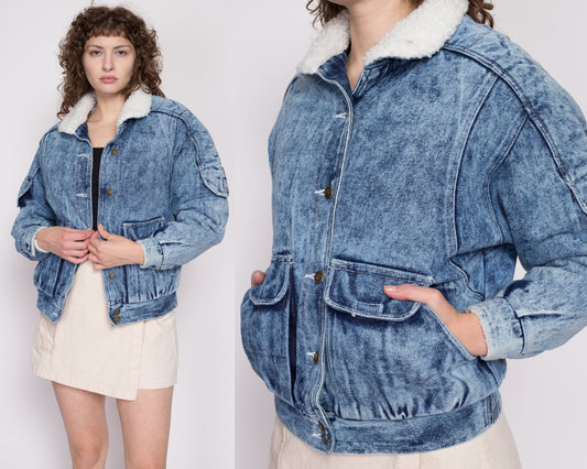 Medium 80s Acid Wash Denim Sherpa Jacket | Vintage Jean Jacket Shearling Lined Grunge Coat