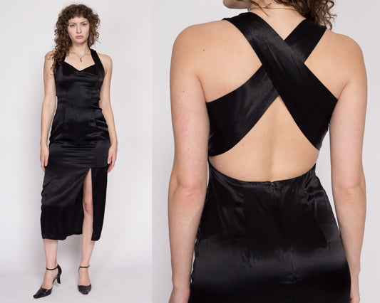 Small 80s Black Satin Cross Back Midi Party Dress | Vintage Slinky Open Back Strappy Formal Gown