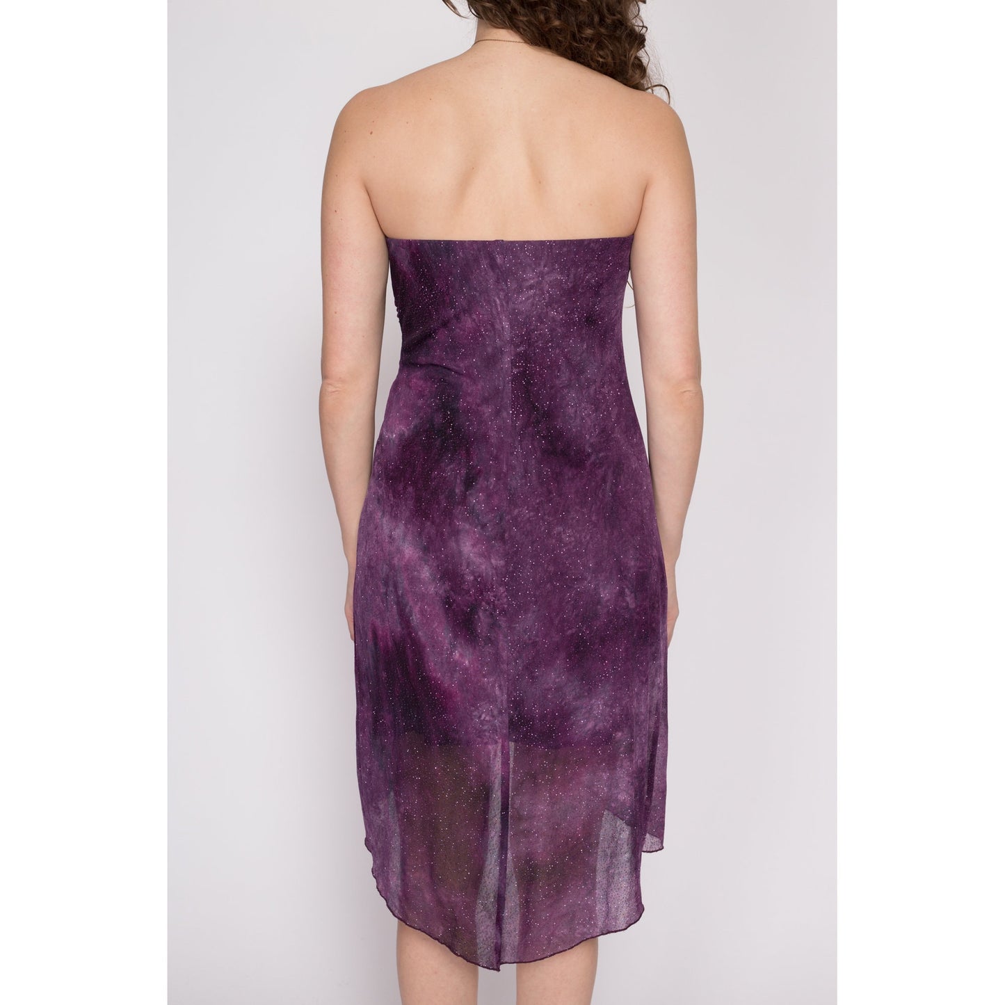 Medium 90s Purple Galaxy Sparkle Party Dress | Vintage Strapless Asymmetrical Cocktail Mini Dress