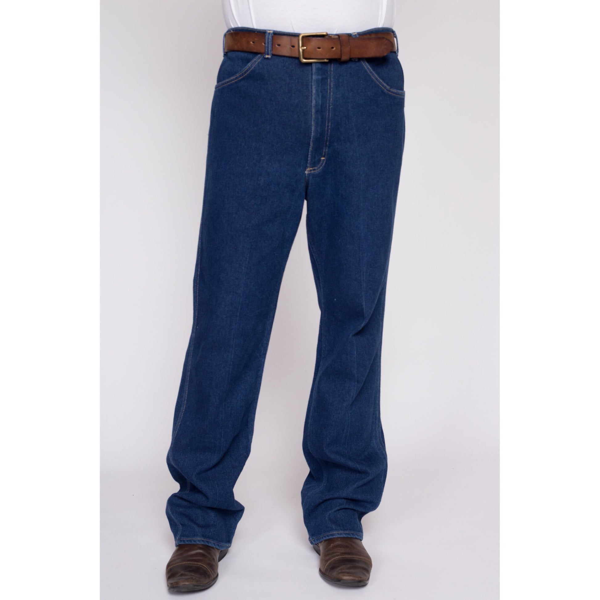 34x34 70s 80s Lee Dark Wash Jeans | Vintage Made In USA High Waisted Relaxed Straight Leg Denim