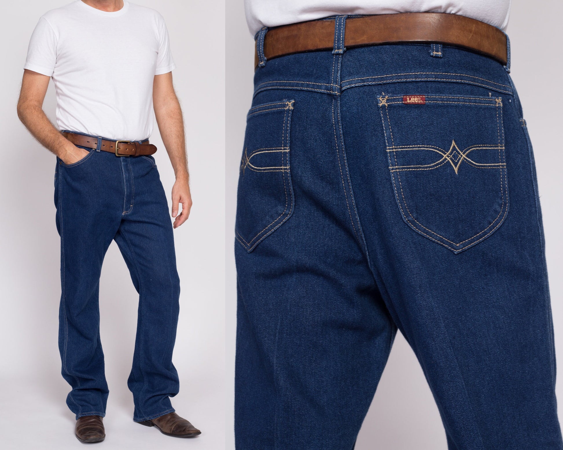 34x34 70s 80s Lee Dark Wash Jeans | Vintage Made In USA High Waisted Relaxed Straight Leg Denim