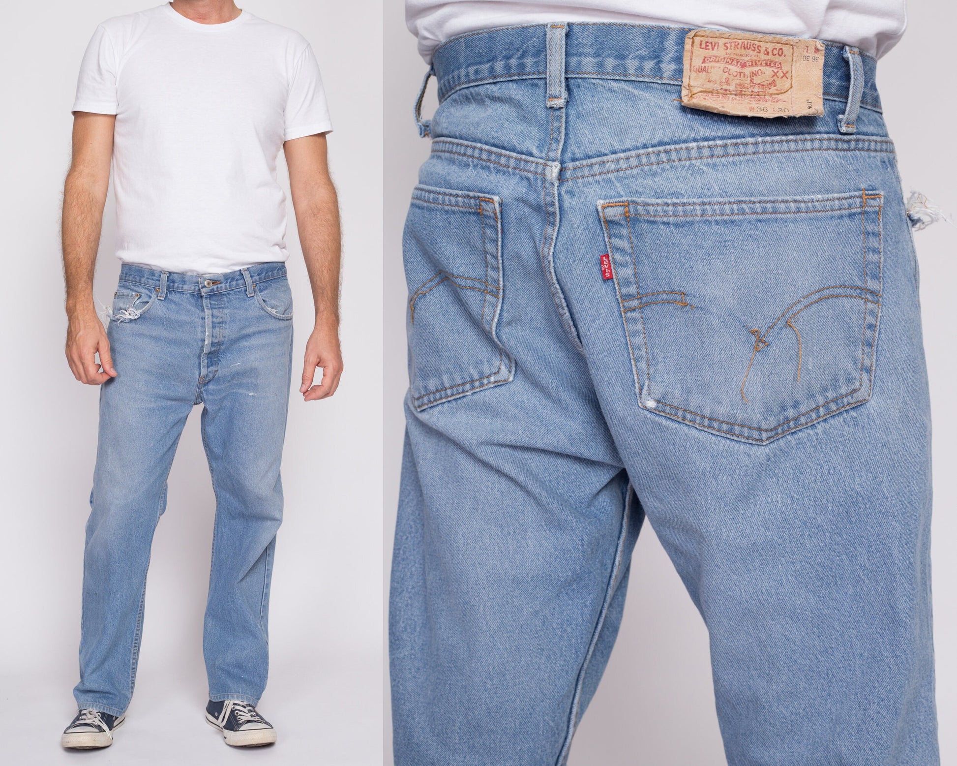 36x30 Vintage Levis 501 Distressed Jeans | 80s 90s Made In USA Light Wash Straight Leg Denim