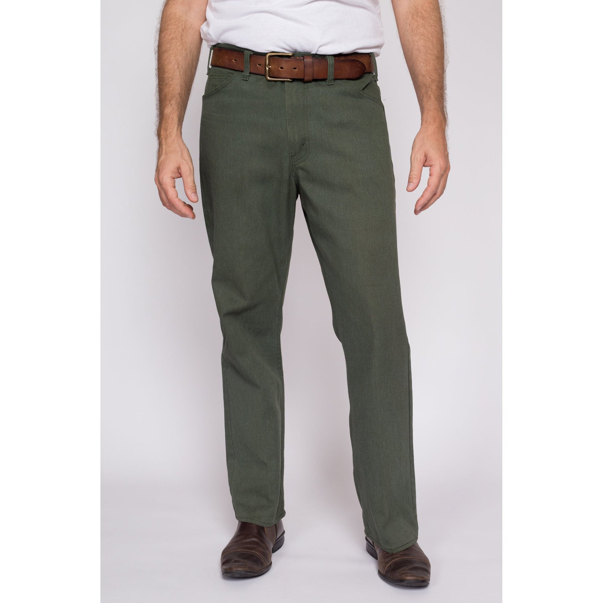 34x29 70s Sage Green Trousers | Vintage Men's Twill Bootcut Pants