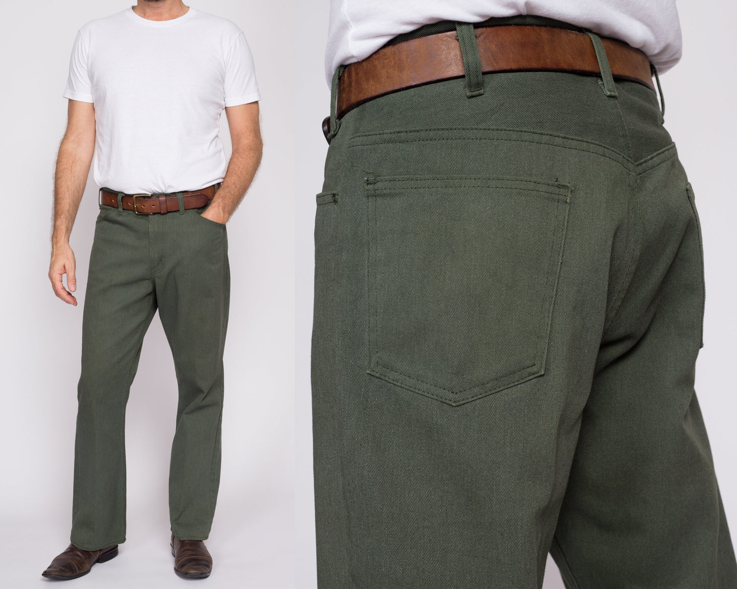 34x29 70s Sage Green Trousers | Vintage Men's Twill Bootcut Pants