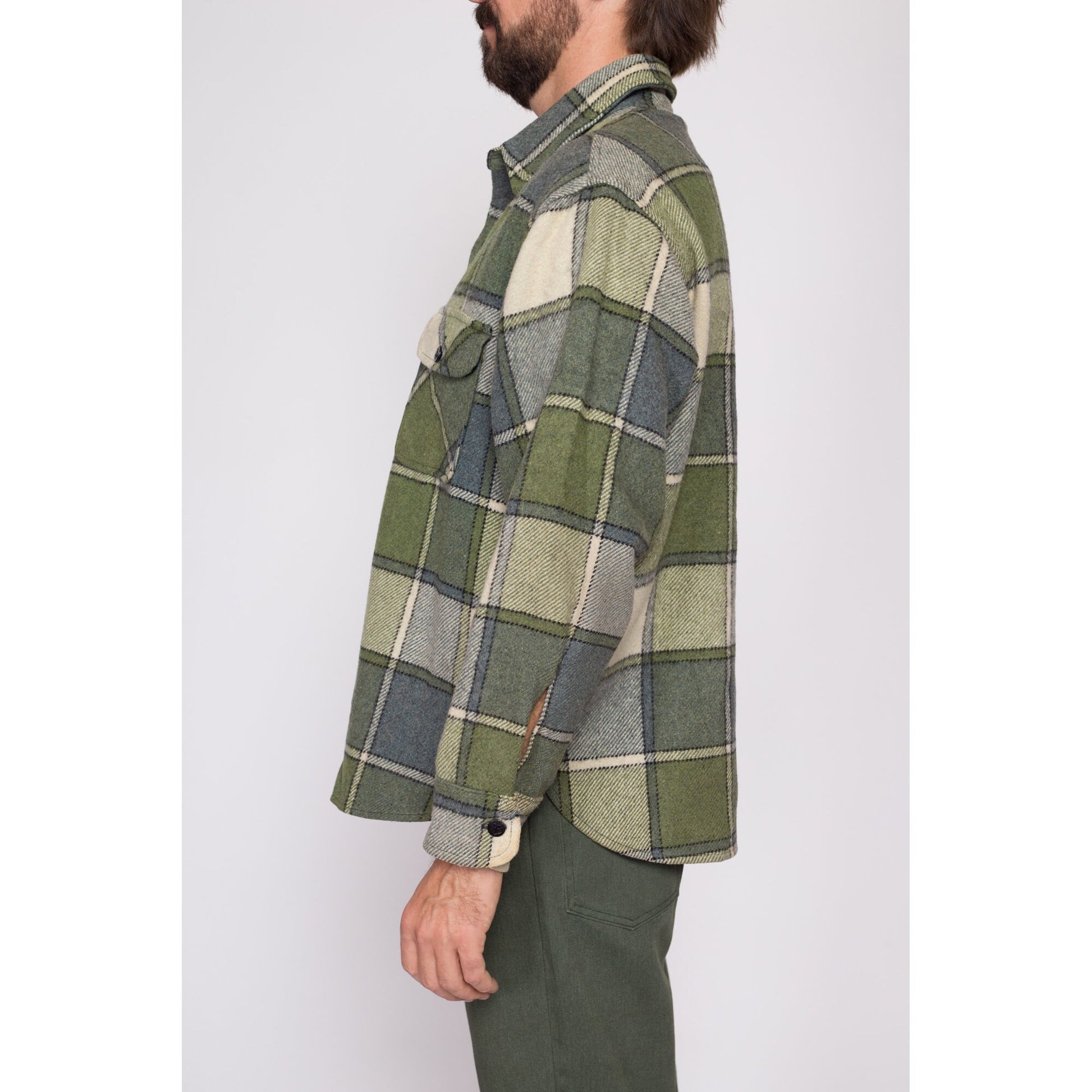 Large 70s Green Plaid Wool Shirt | Vintage Button Up Collared Overshirt Shacket