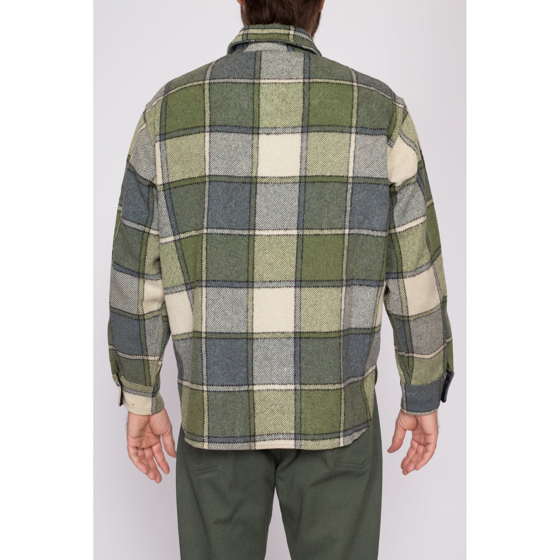 Large 70s Green Plaid Wool Shirt | Vintage Button Up Collared Overshirt Shacket