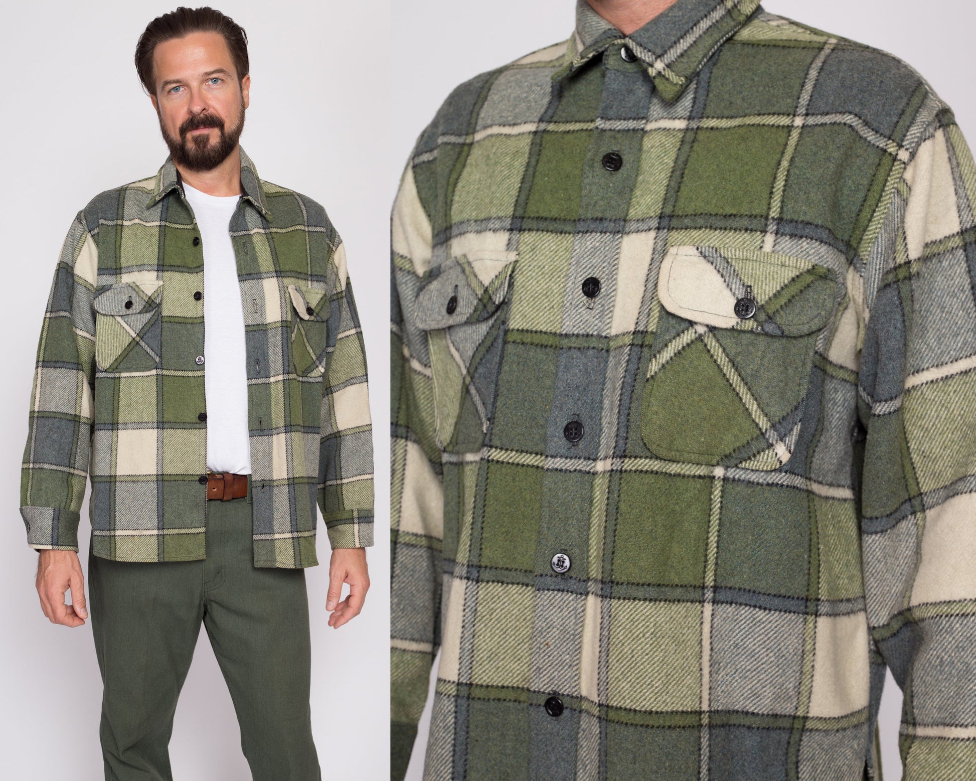 Large 70s Green Plaid Wool Shirt | Vintage Button Up Collared Overshirt Shacket