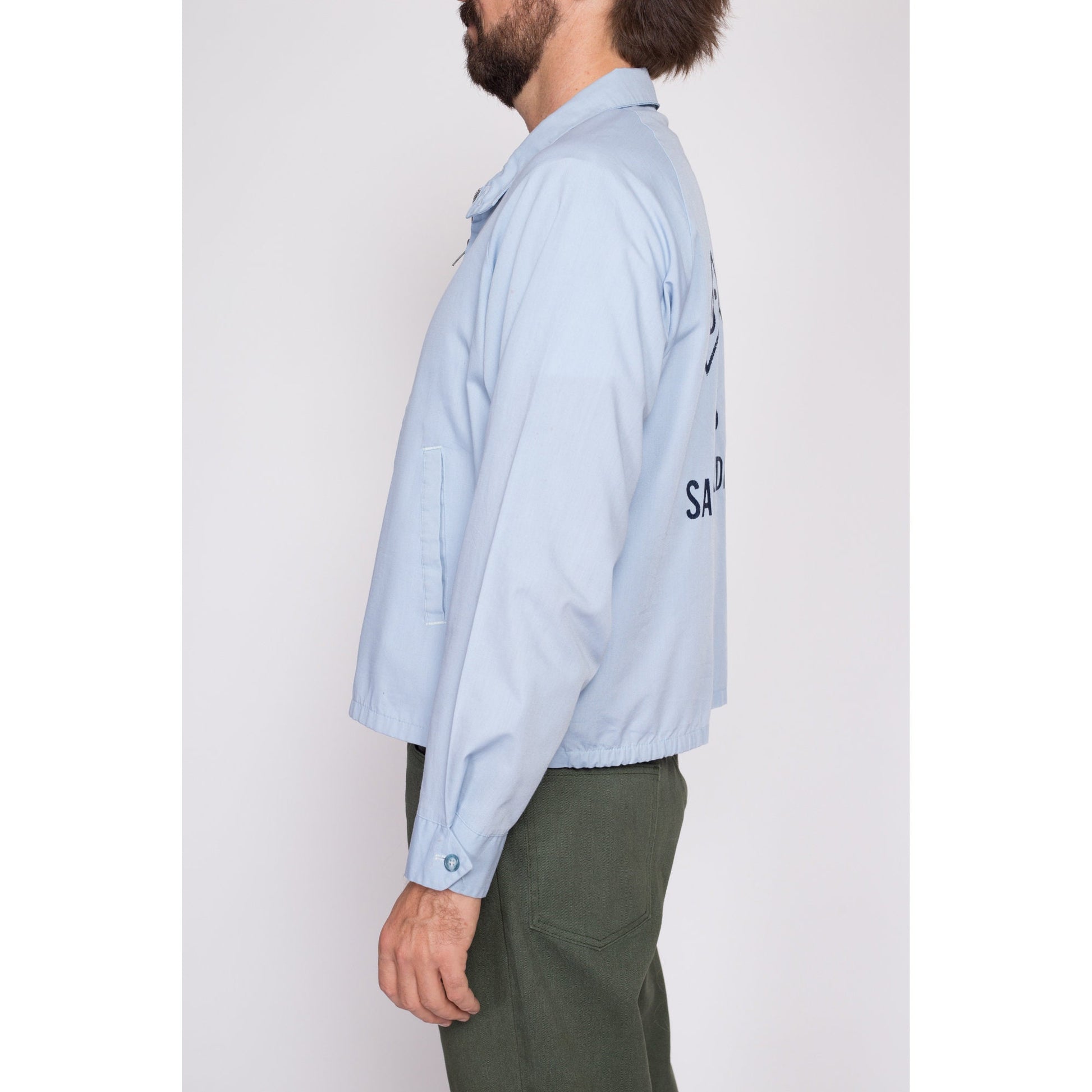 Large 70s San-Hi Lanes San Bernadino Bowling Alley Jacket | Vintage Blue Zip Up Lightweight Harrington Jacket