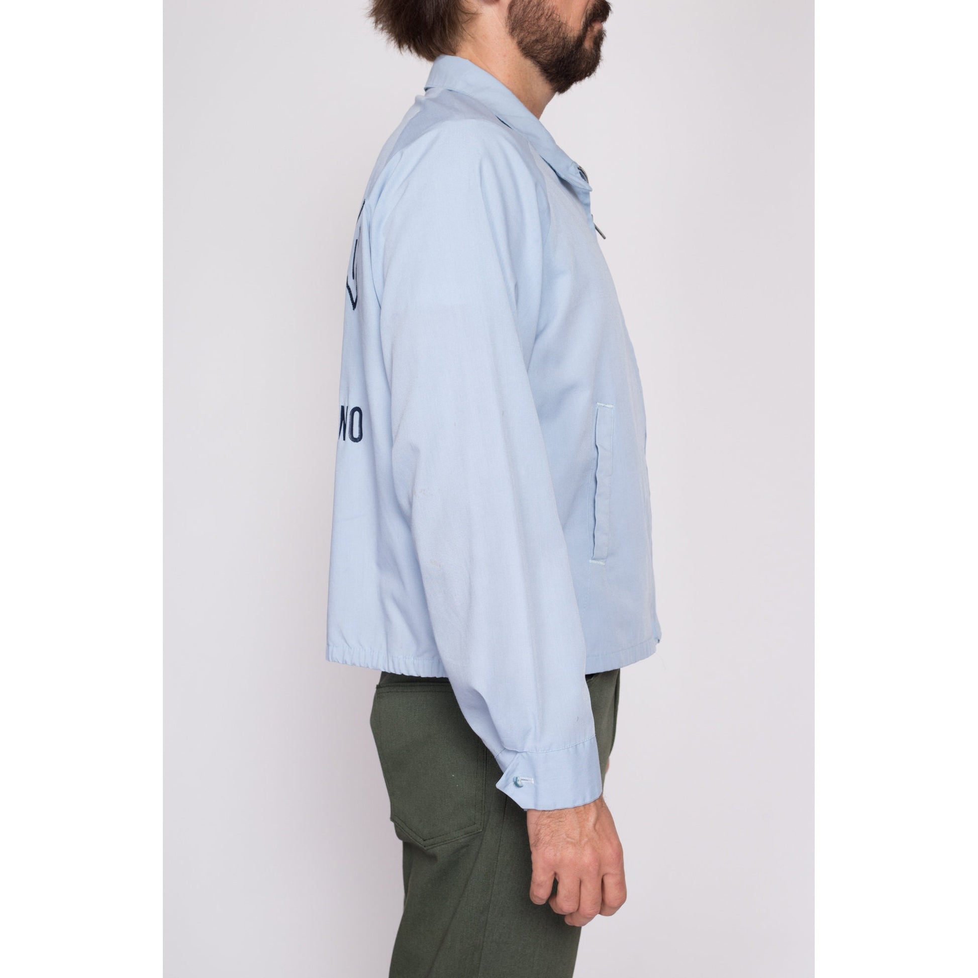 Large 70s San-Hi Lanes San Bernadino Bowling Alley Jacket | Vintage Blue Zip Up Lightweight Harrington Jacket