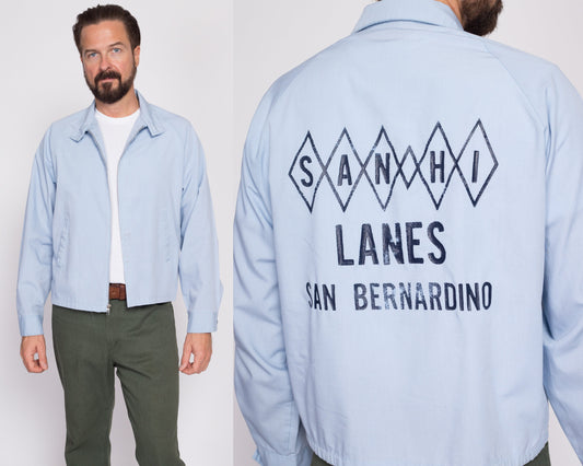 Large 70s San-Hi Lanes San Bernadino Bowling Alley Jacket | Vintage Blue Zip Up Lightweight Harrington Jacket