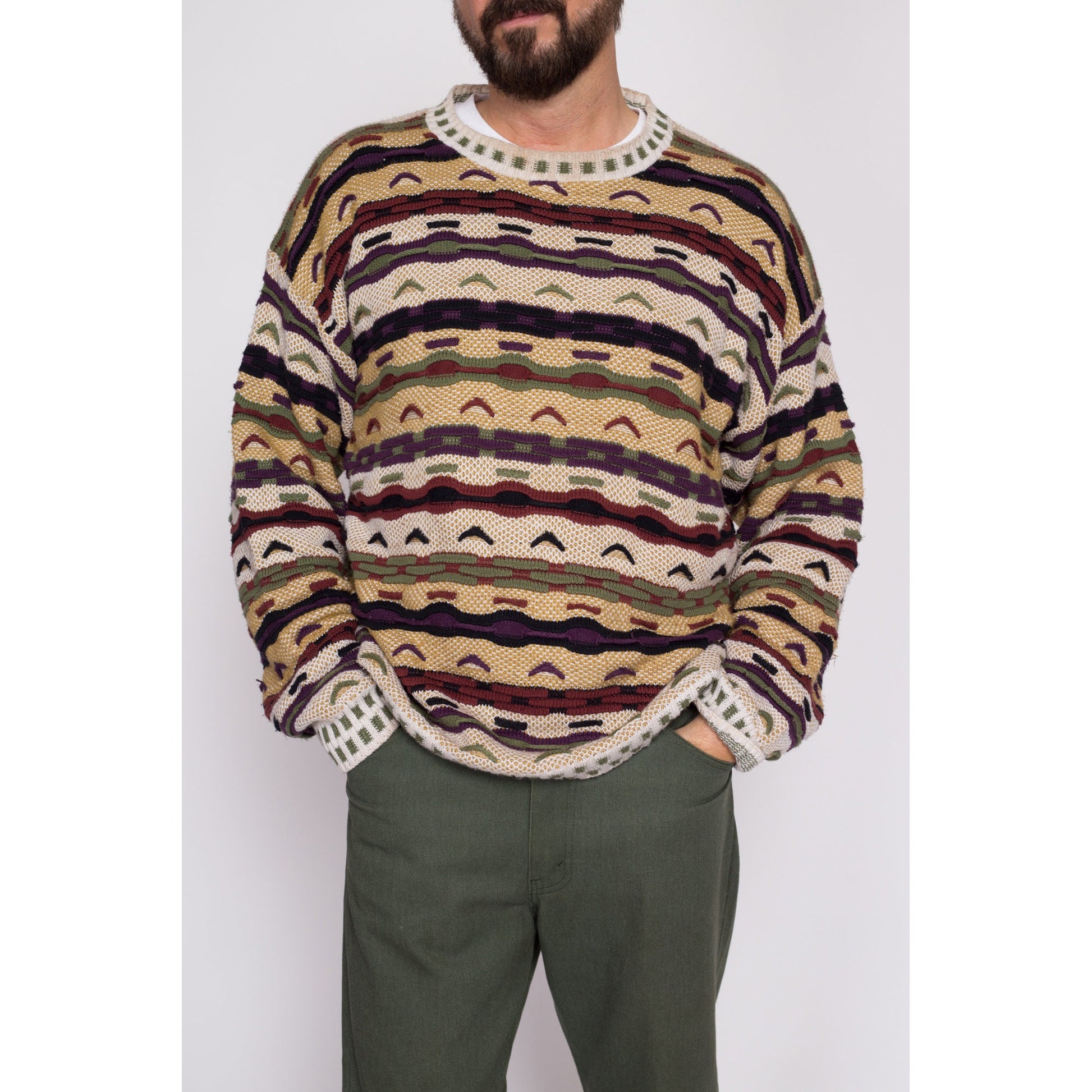 Large 90s Coogi Style 3D Knit Sweater | Vintage Textured Striped Knit Streetwear Pullover