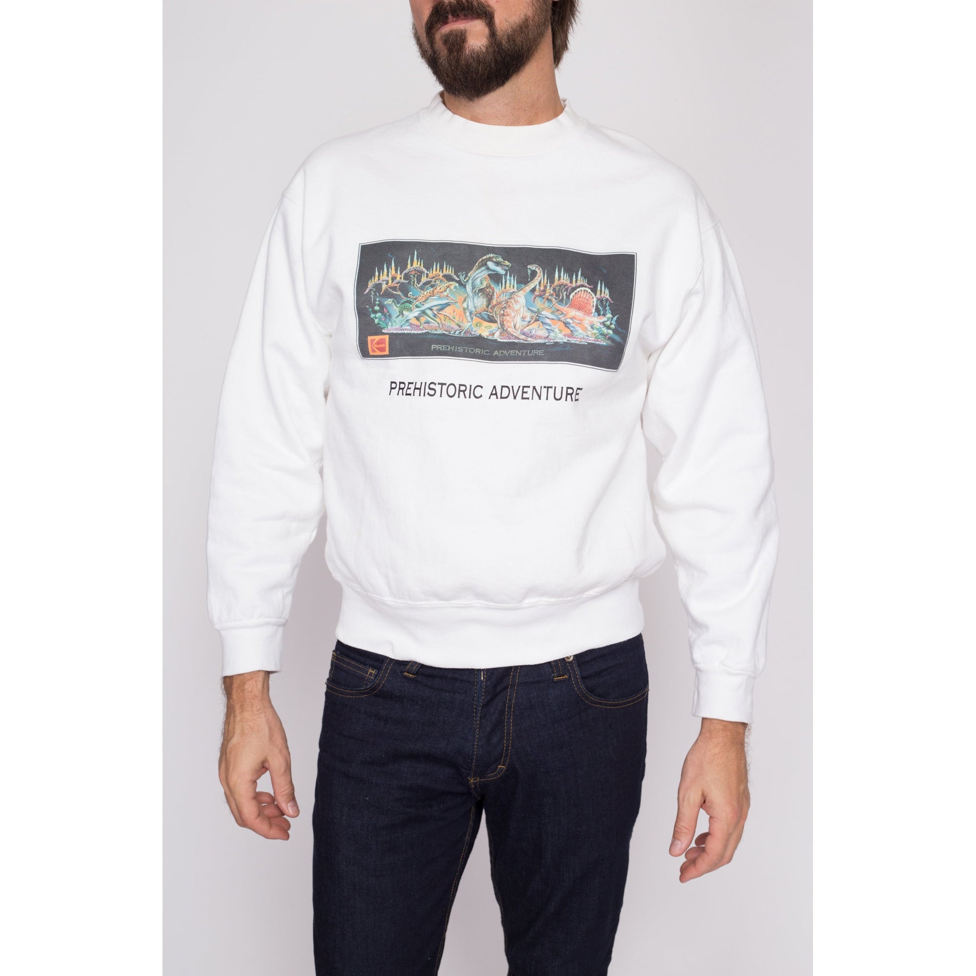 Medium 90s Prehistoric Adventure Rose Parade Sweatshirt | Vintage Dinosaur New Year's Kodak Float Team Graphic Crewneck