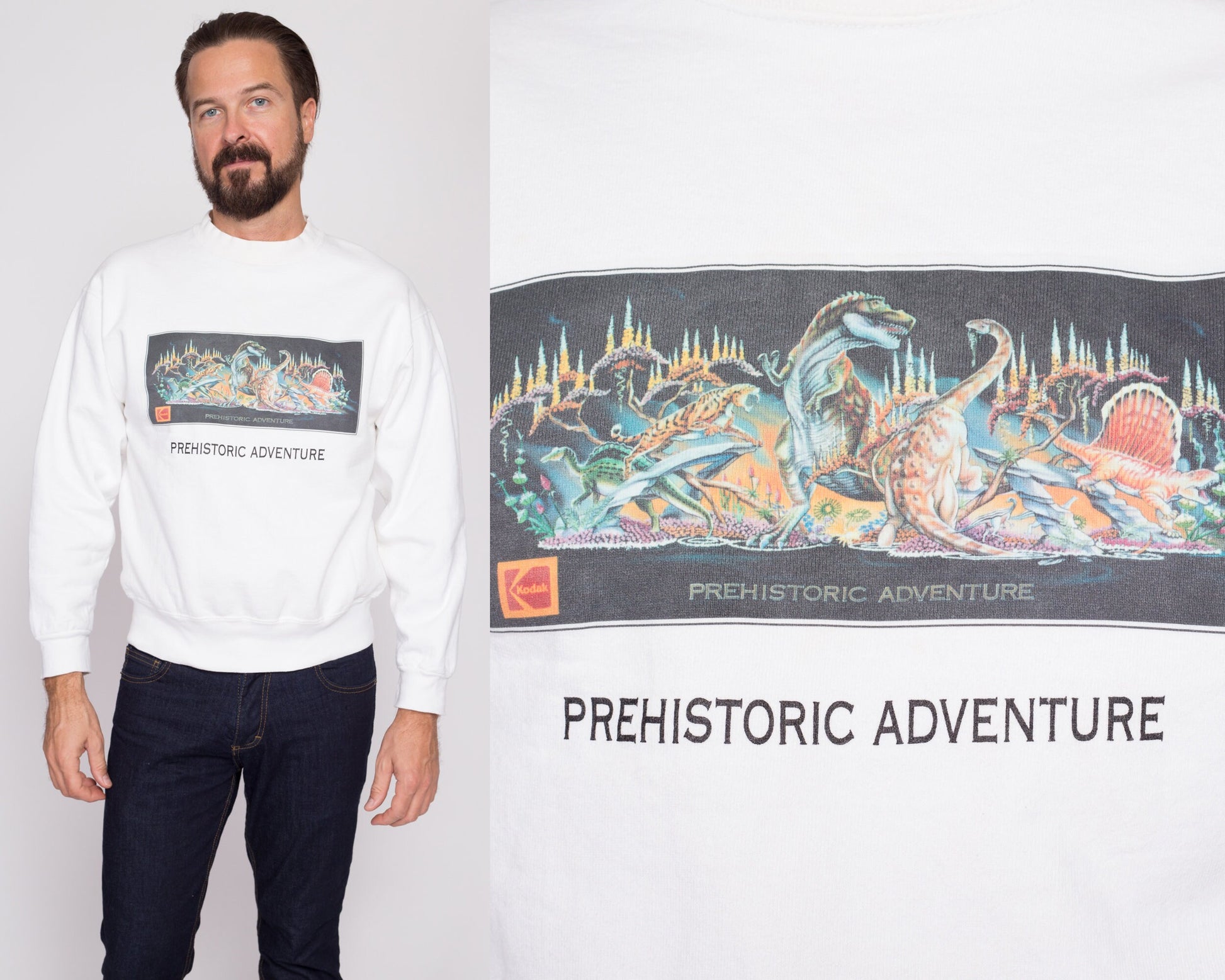 Medium 90s Prehistoric Adventure Rose Parade Sweatshirt | Vintage Dinosaur New Year's Kodak Float Team Graphic Crewneck