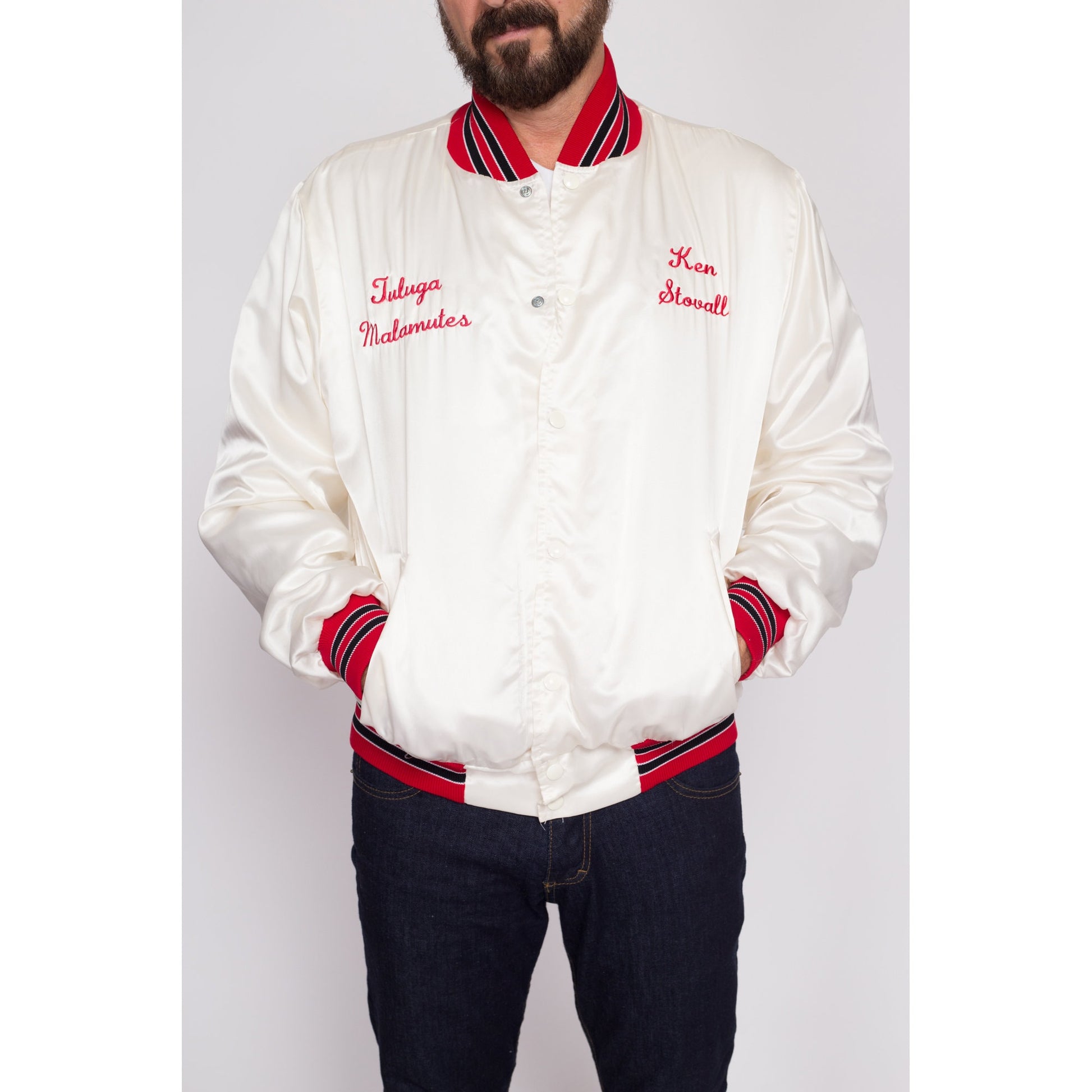 Medium 80s Eyes Of The Dragon Satin Varsity Jacket | Vintage Alaskan Malamute Dog Graphic White Striped Trim Windbreaker Bomber