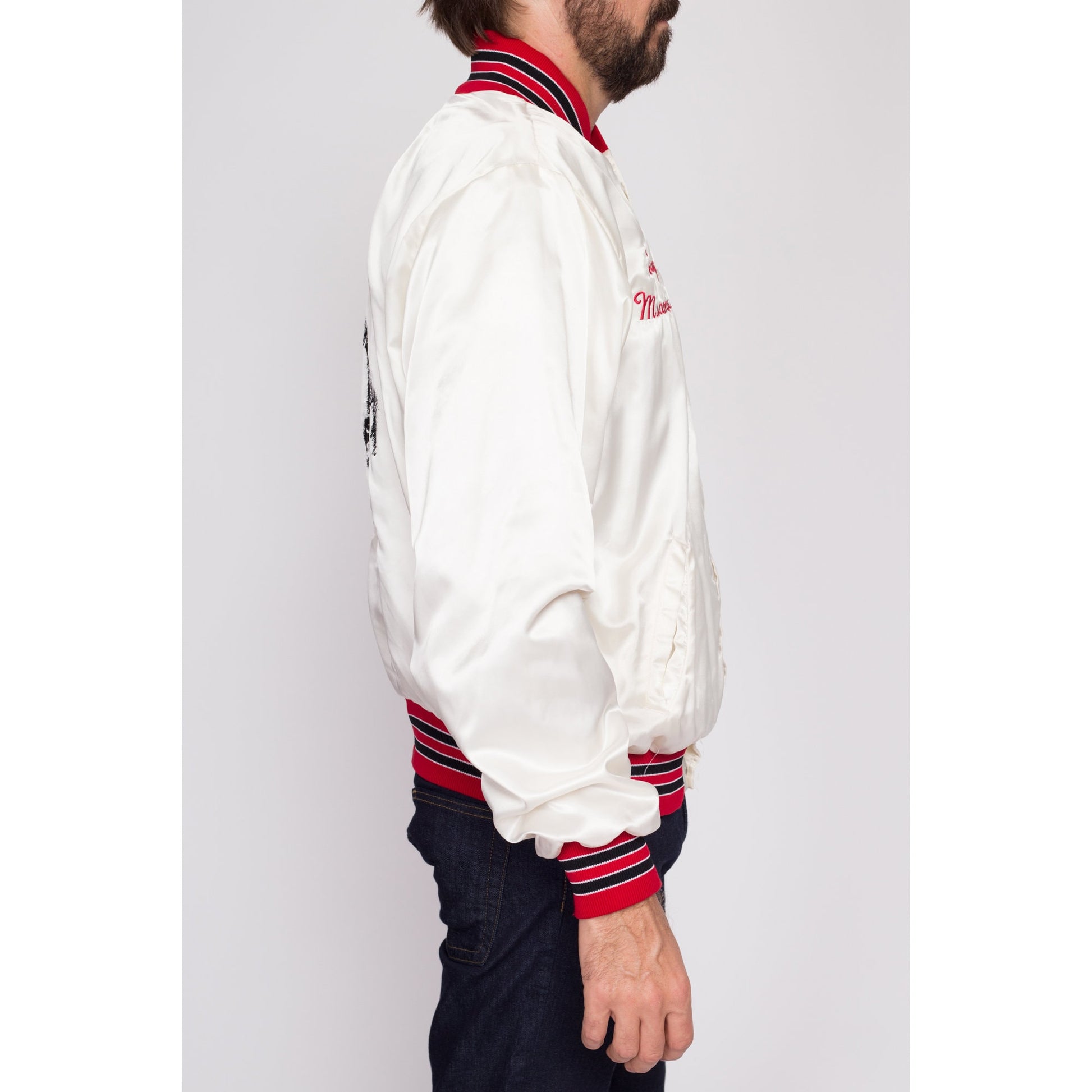 Medium 80s Eyes Of The Dragon Satin Varsity Jacket | Vintage Alaskan Malamute Dog Graphic White Striped Trim Windbreaker Bomber