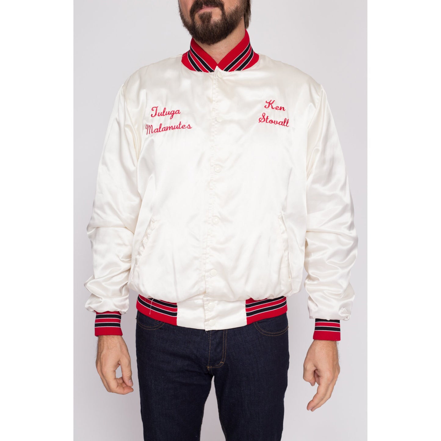 Medium 80s Eyes Of The Dragon Satin Varsity Jacket | Vintage Alaskan Malamute Dog Graphic White Striped Trim Windbreaker Bomber