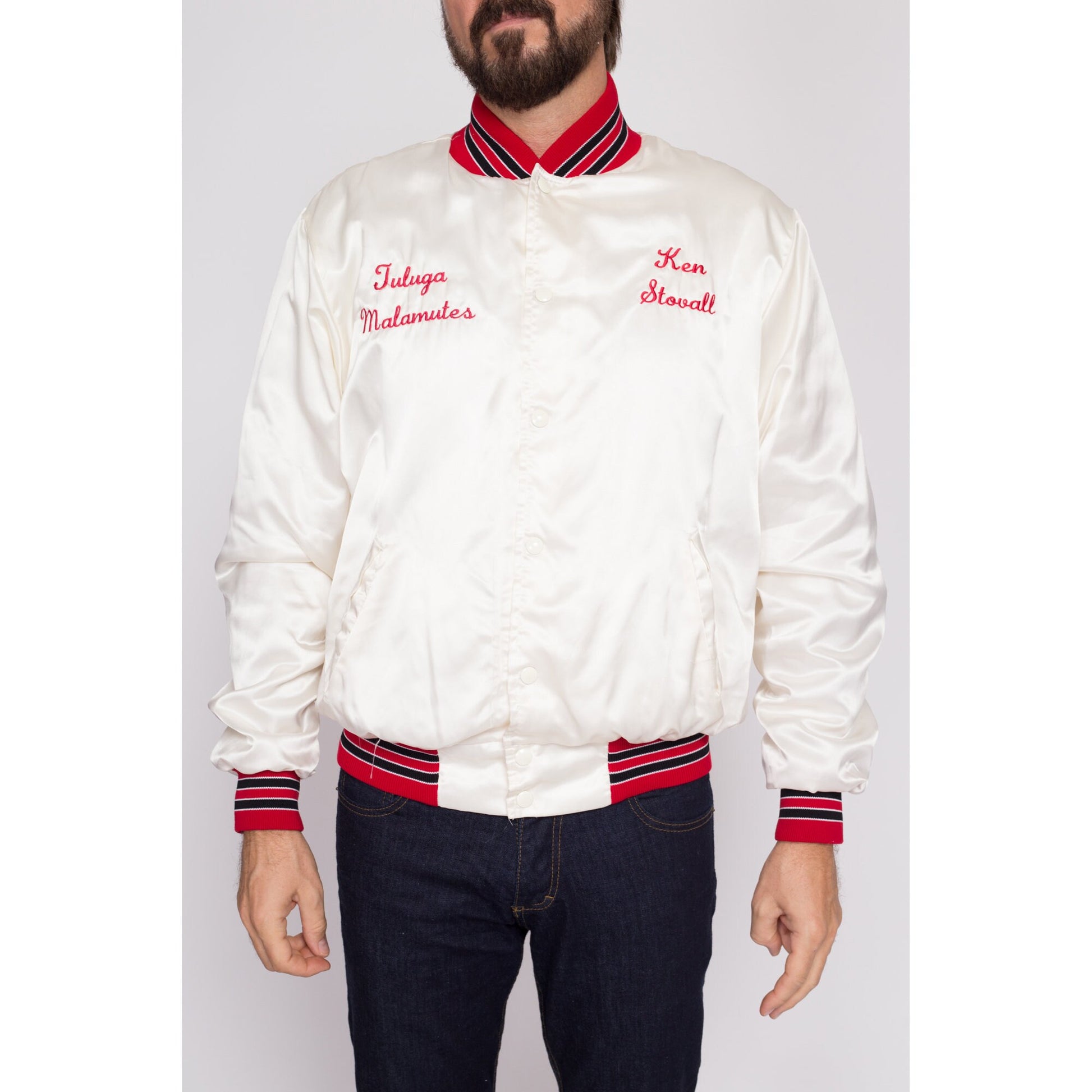 Medium 80s Eyes Of The Dragon Satin Varsity Jacket | Vintage Alaskan Malamute Dog Graphic White Striped Trim Windbreaker Bomber