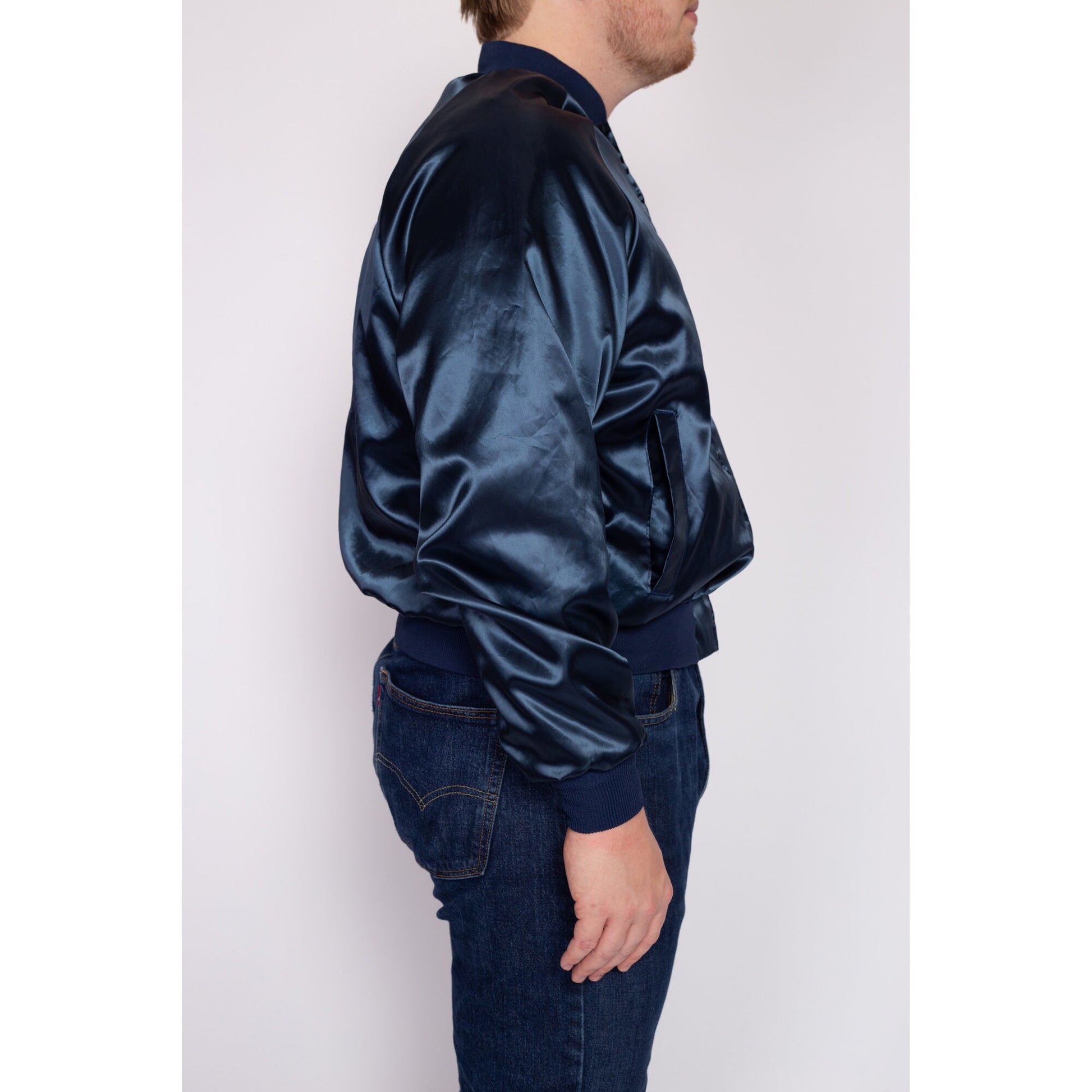 Large 70s Late Great Chevys Blue Satin Varsity Jacket | Vintage Chevrolet Car Zip Up Windbreaker Bomber Coat