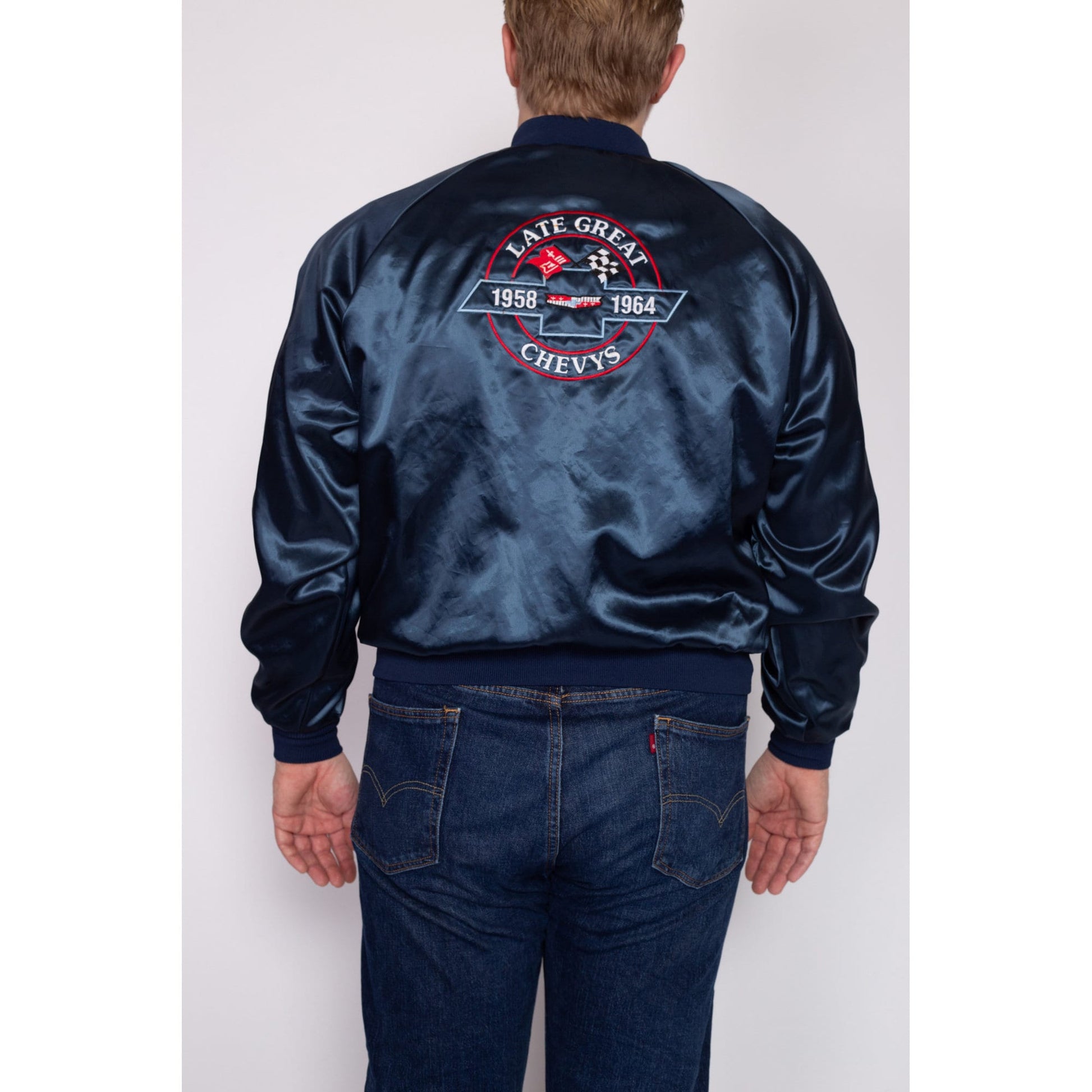 Large 70s Late Great Chevys Blue Satin Varsity Jacket | Vintage Chevrolet Car Zip Up Windbreaker Bomber Coat