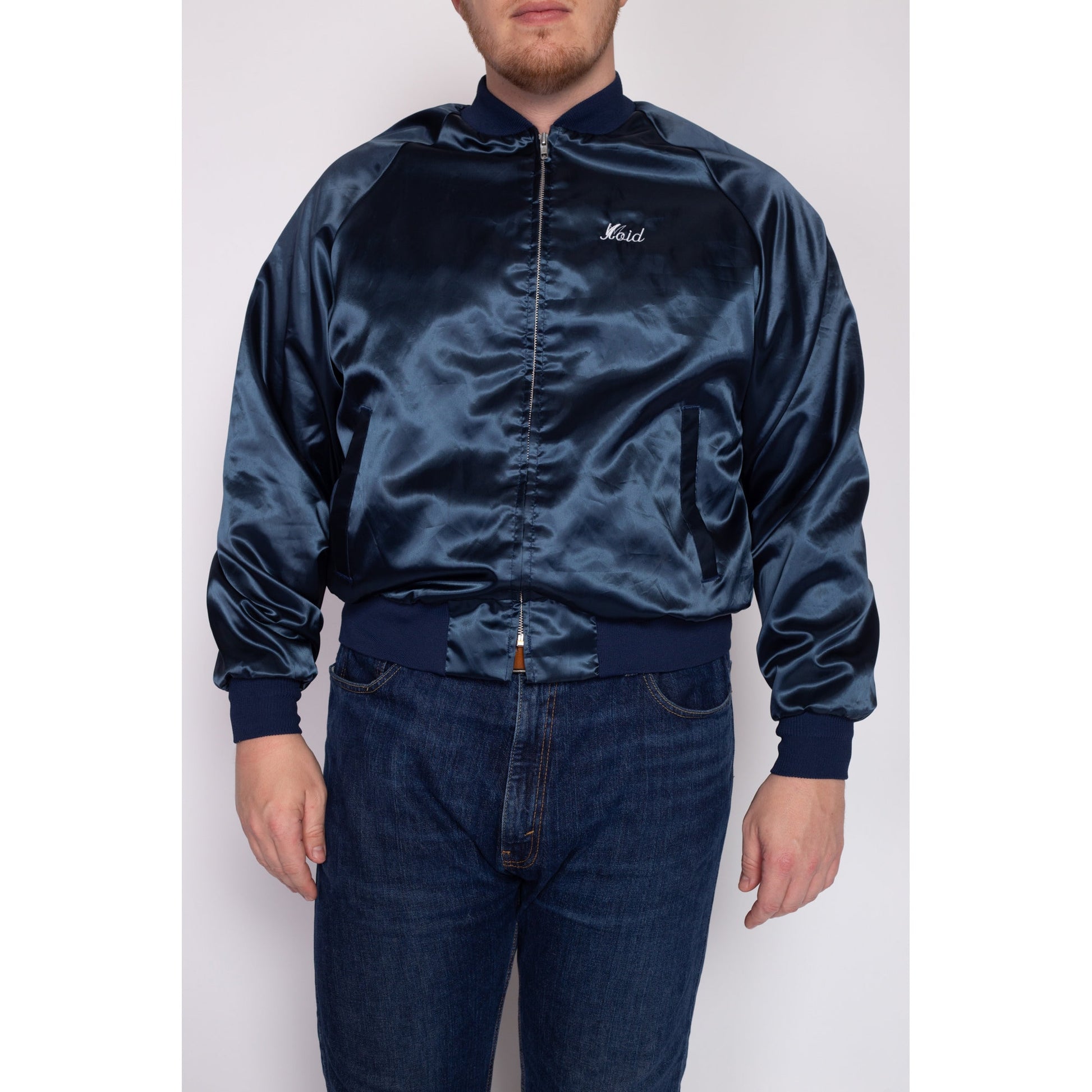 Large 70s Late Great Chevys Blue Satin Varsity Jacket | Vintage Chevrolet Car Zip Up Windbreaker Bomber Coat