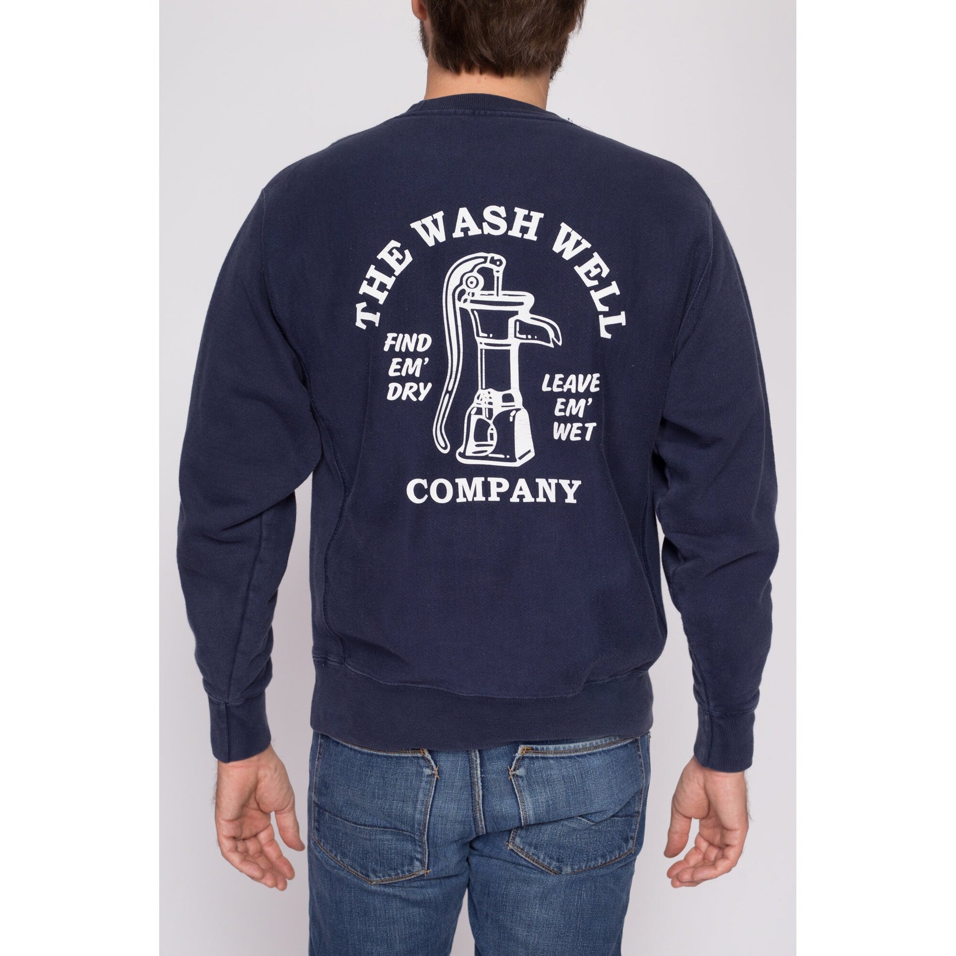 Medium Champion Reverse Weave "The Wash Well Company" Sweatshirt | Y2K Navy Blue Funny Graphic Crewneck