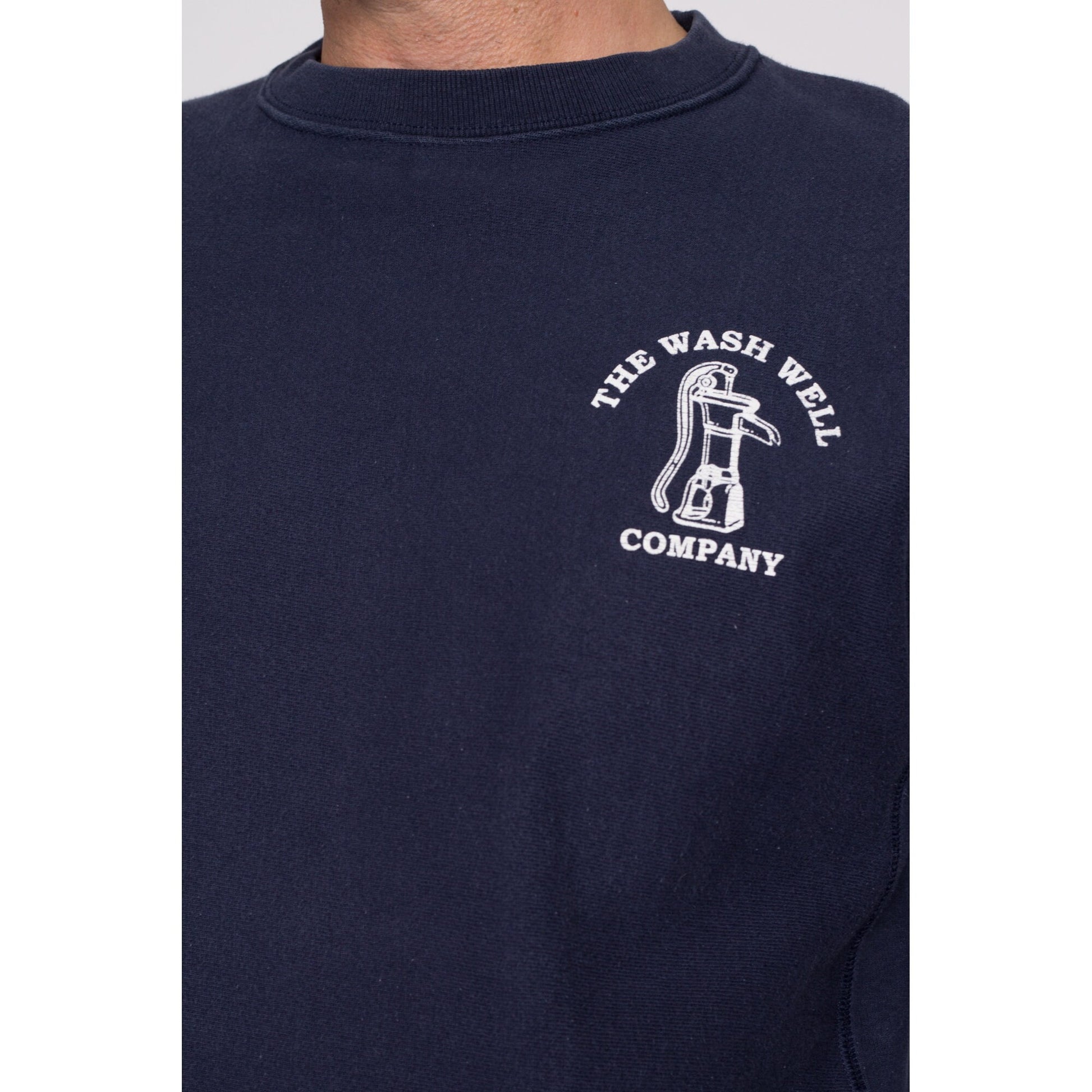 Medium Champion Reverse Weave "The Wash Well Company" Sweatshirt | Y2K Navy Blue Funny Graphic Crewneck