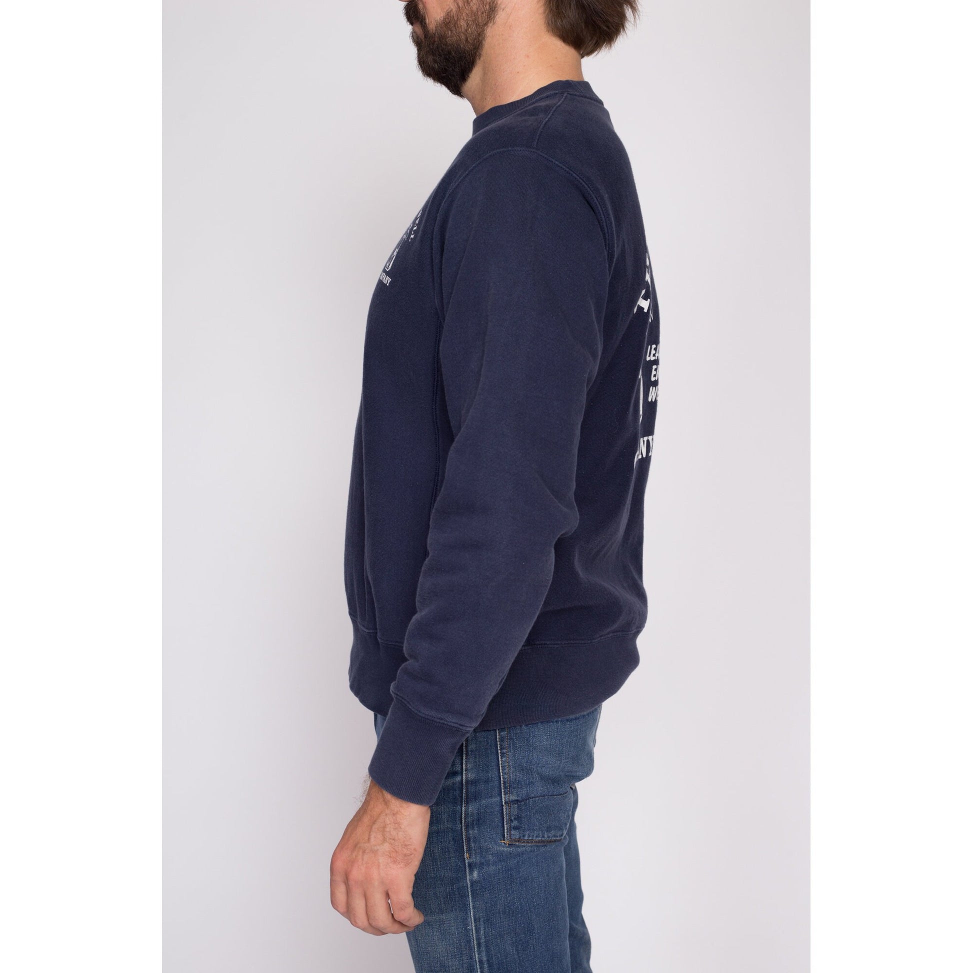 Medium Champion Reverse Weave "The Wash Well Company" Sweatshirt | Y2K Navy Blue Funny Graphic Crewneck