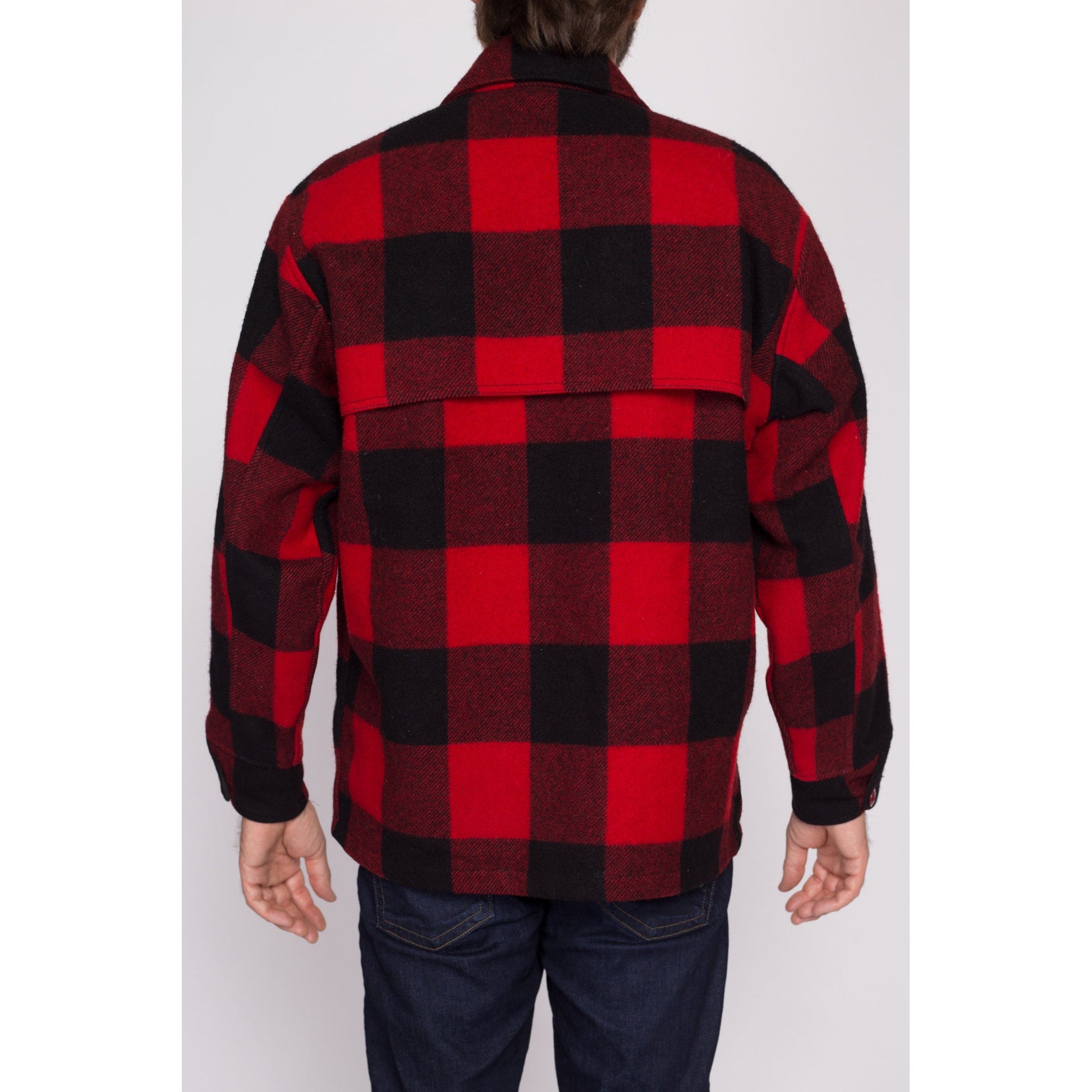 Large 70s Woolrich Buffalo Plaid Jacket Size 44 | Vintage Red & Black Zip Up Hunting Field Coat