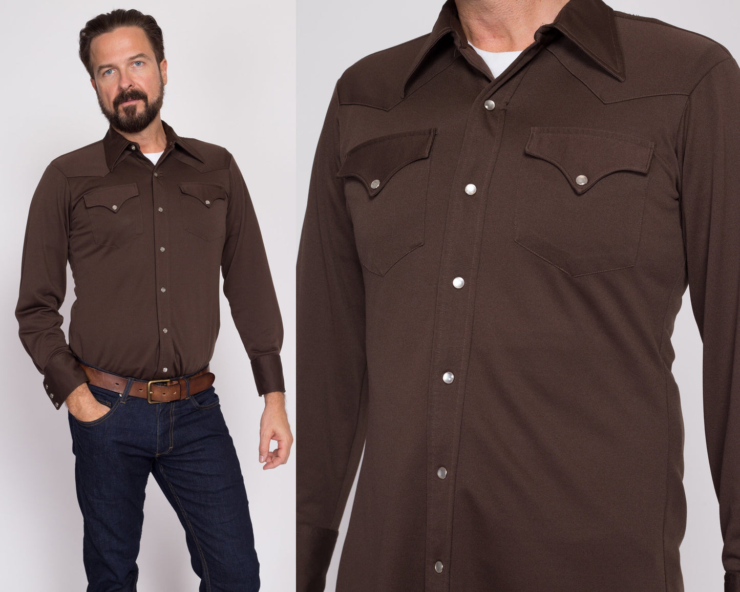 Small 70s H Bar C Ranchwear Brown Pearl Snap Western Shirt | Vintage Long Sleeve Collared Top