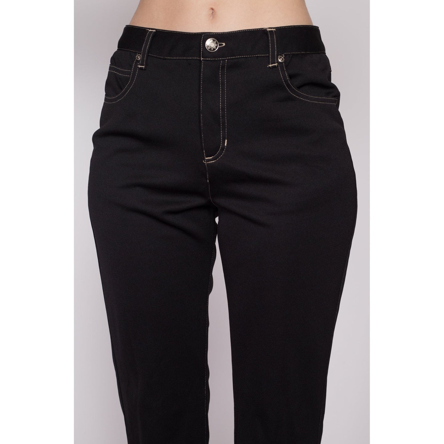 Small Y2K Black Mid Rise Bootcut Pants | Vintage Stretchy Contrast Stitch Trousers