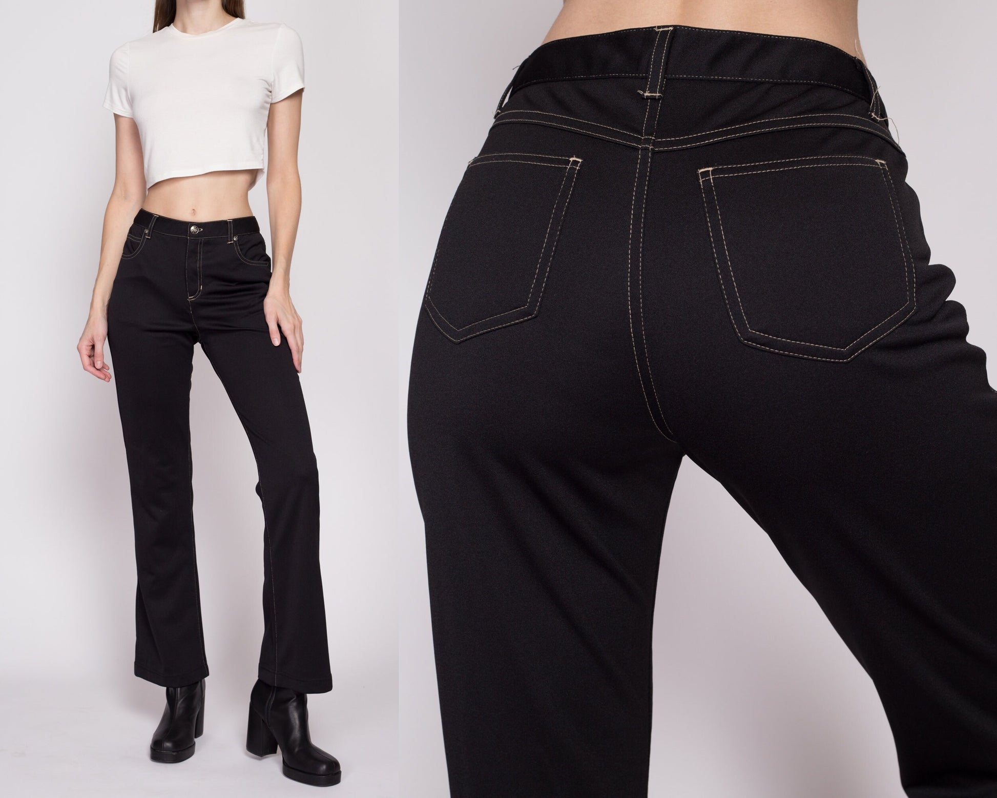 Small Y2K Black Mid Rise Bootcut Pants | Vintage Stretchy Contrast Stitch Trousers