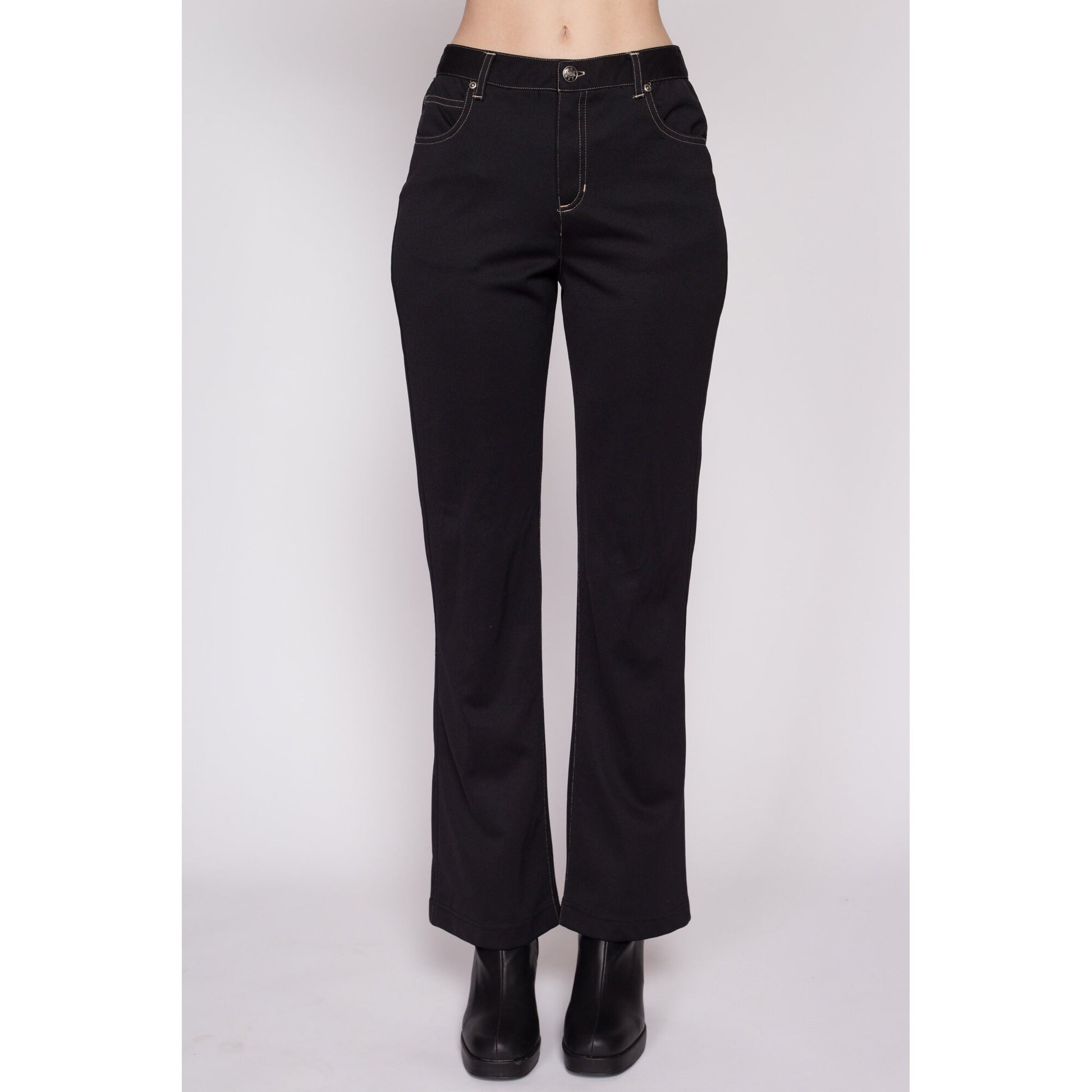 Small Y2K Black Mid Rise Bootcut Pants | Vintage Stretchy Contrast Stitch Trousers