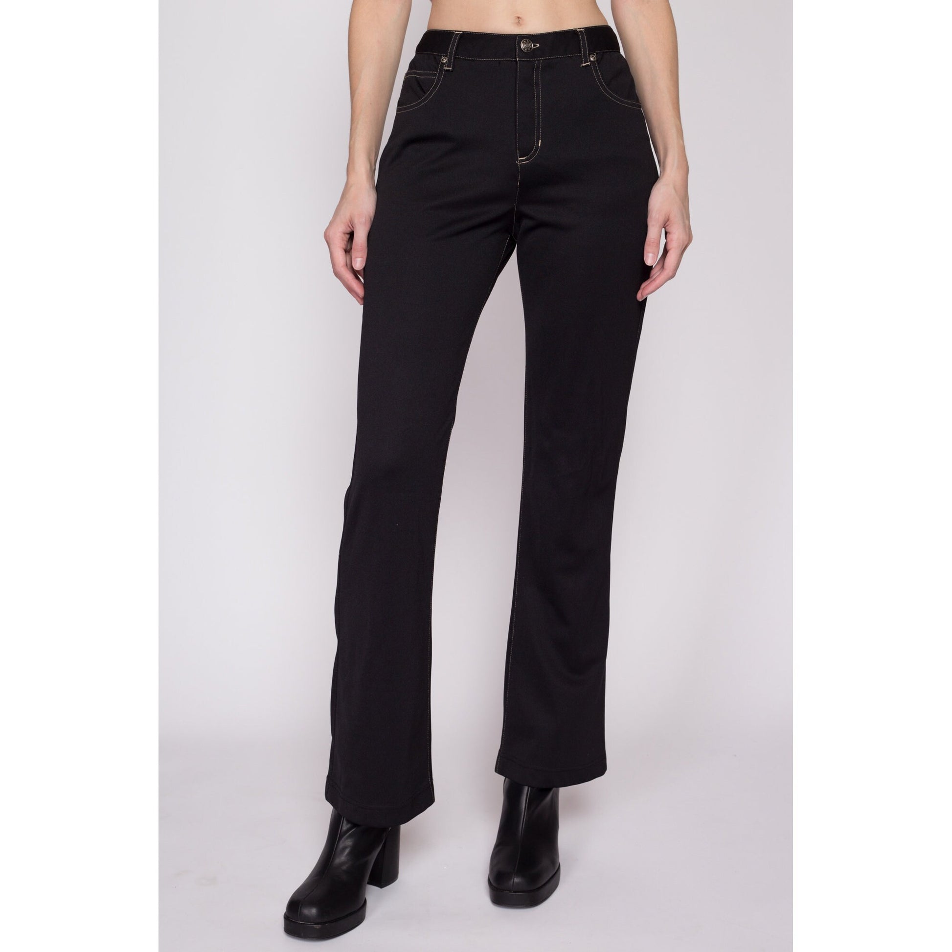 Small Y2K Black Mid Rise Bootcut Pants | Vintage Stretchy Contrast Stitch Trousers