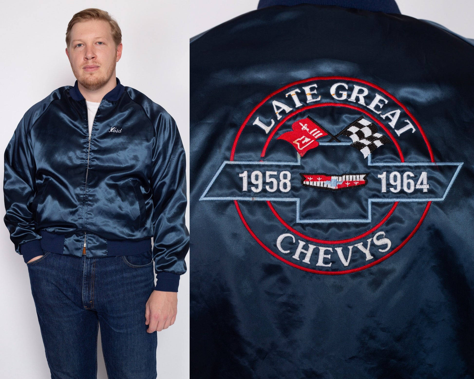 Large 70s Late Great Chevys Blue Satin Varsity Jacket | Vintage Chevrolet Car Zip Up Windbreaker Bomber Coat