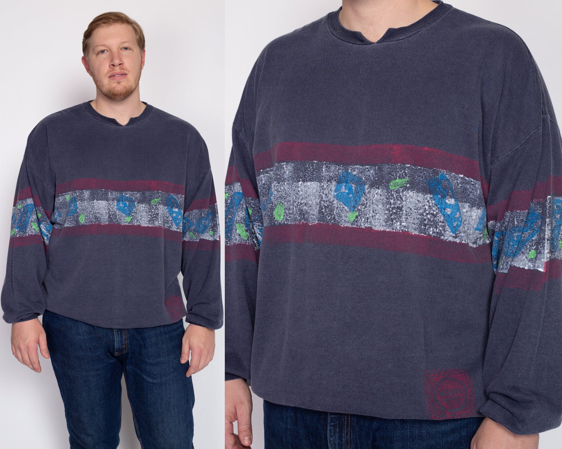 2X 80s Hobie Long Sleeve Surfer Shirt | Vintage Navy Blue Skater Graphic Sweatshirt