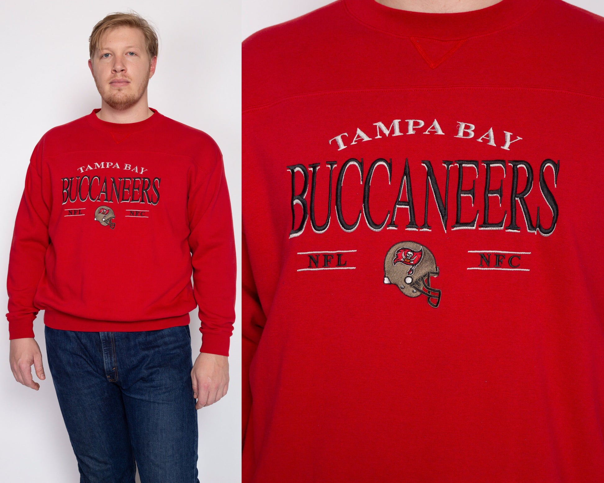 XL 90s Tampa Bay Buccaneers Sweatshirt | Vintage NFL Football Lee Red Graphic Crewneck Pullover