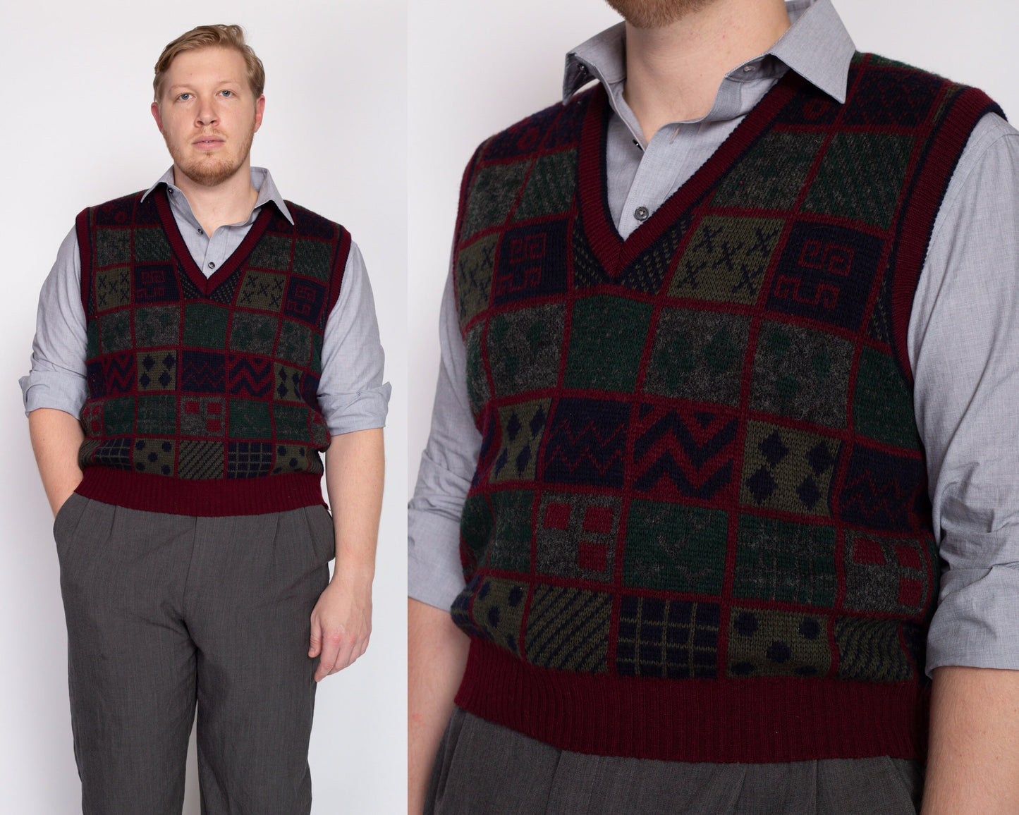 XL 80s Wool Knit Sweater Vest | Vintage Grey Red V Neck Pullover Top