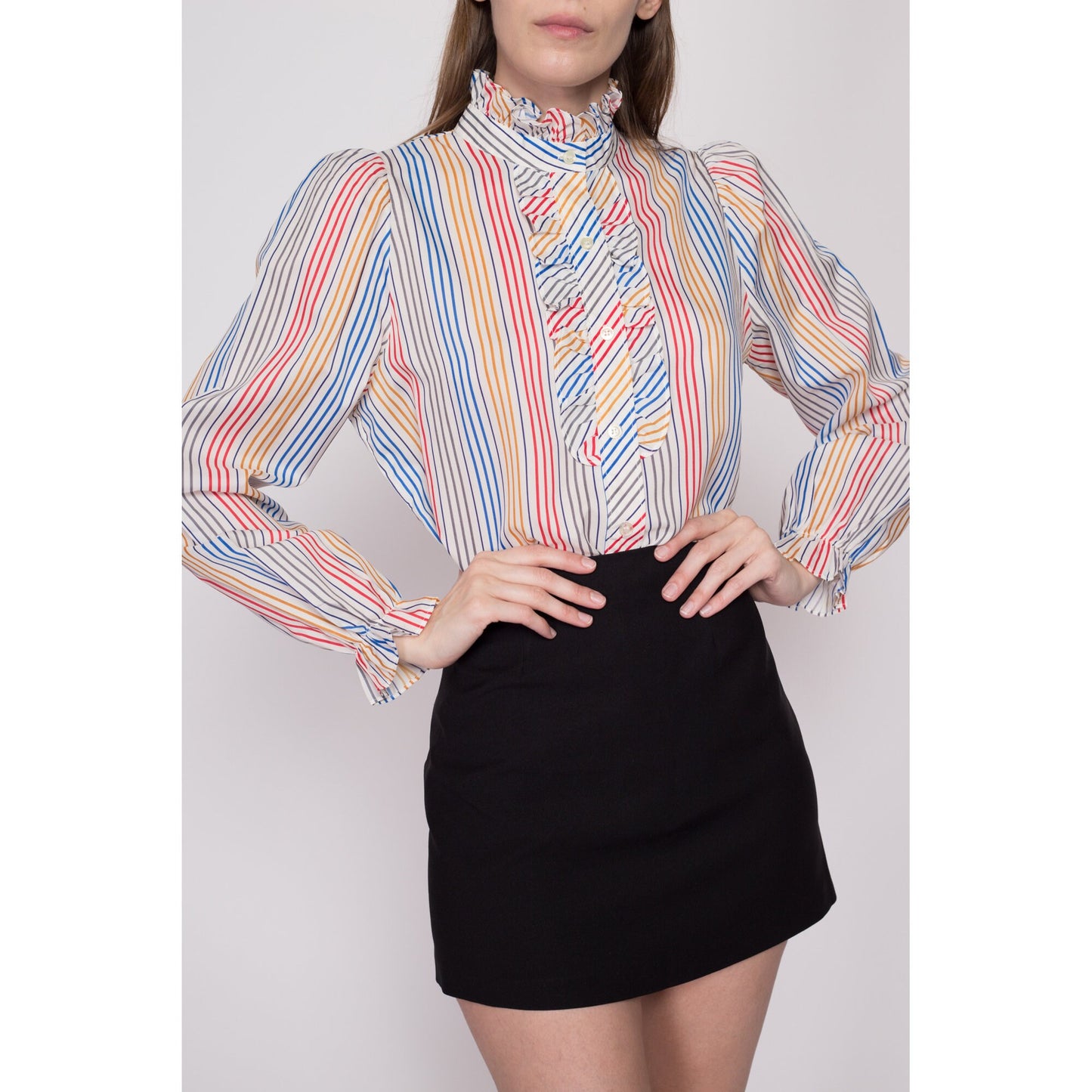 Large 70s Candy Striped Tuxedo Ruffle Blouse | Vintage Long Sleeve Collared Button Up Shirt
