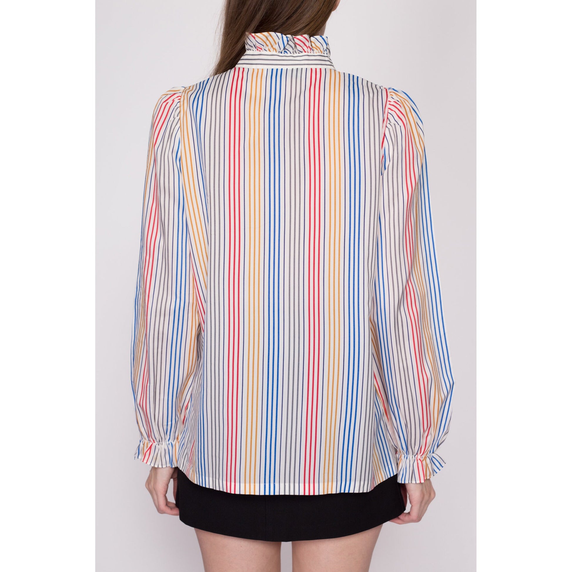 Large 70s Candy Striped Tuxedo Ruffle Blouse | Vintage Long Sleeve Collared Button Up Shirt